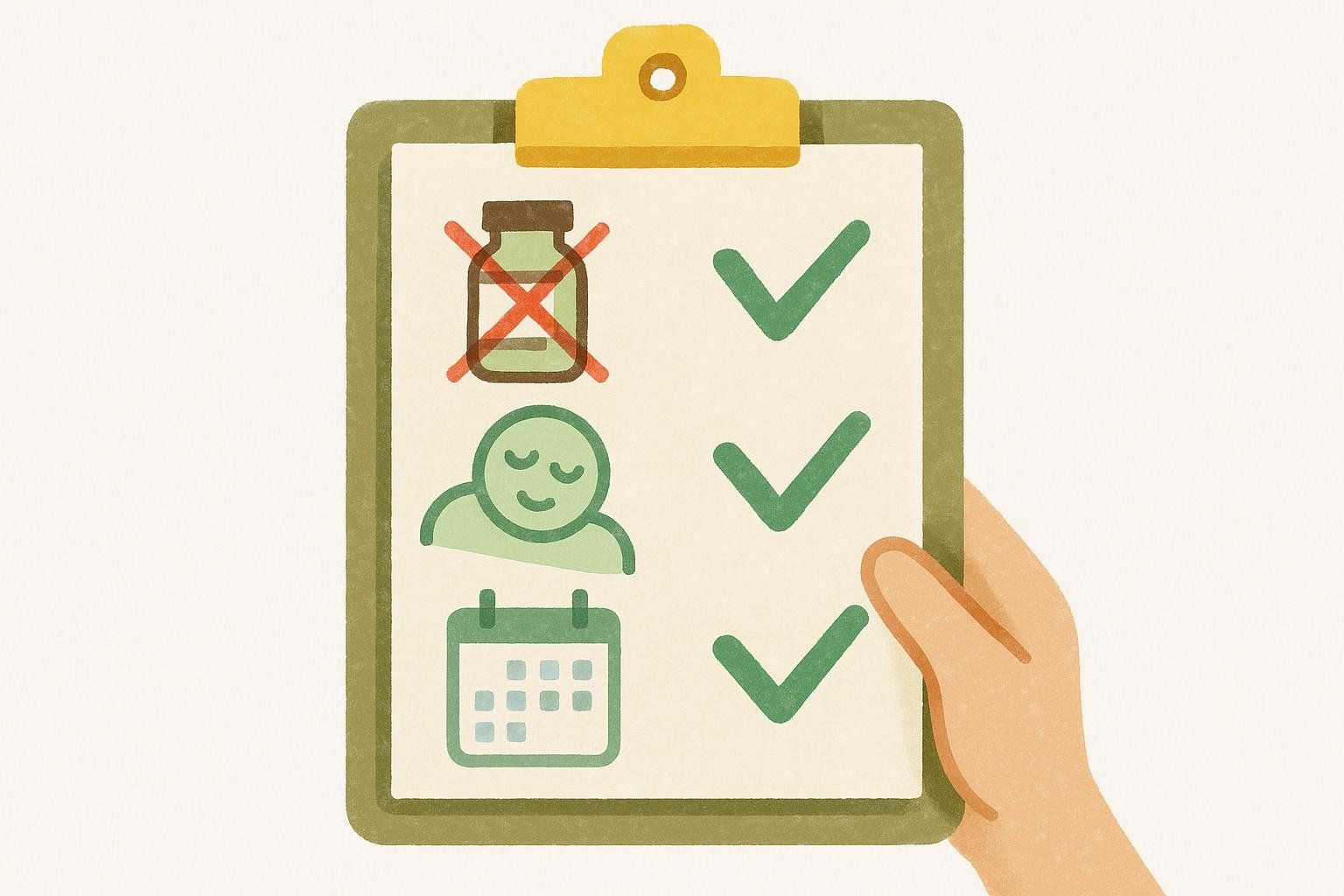 Illustration of a health prep checklist on a clipboard being held by a hand. The checklist items are 'pause supplements', 'rest (person sleeping)', and 'timing tests (calendar)', each with a green checkmark indicating completion.