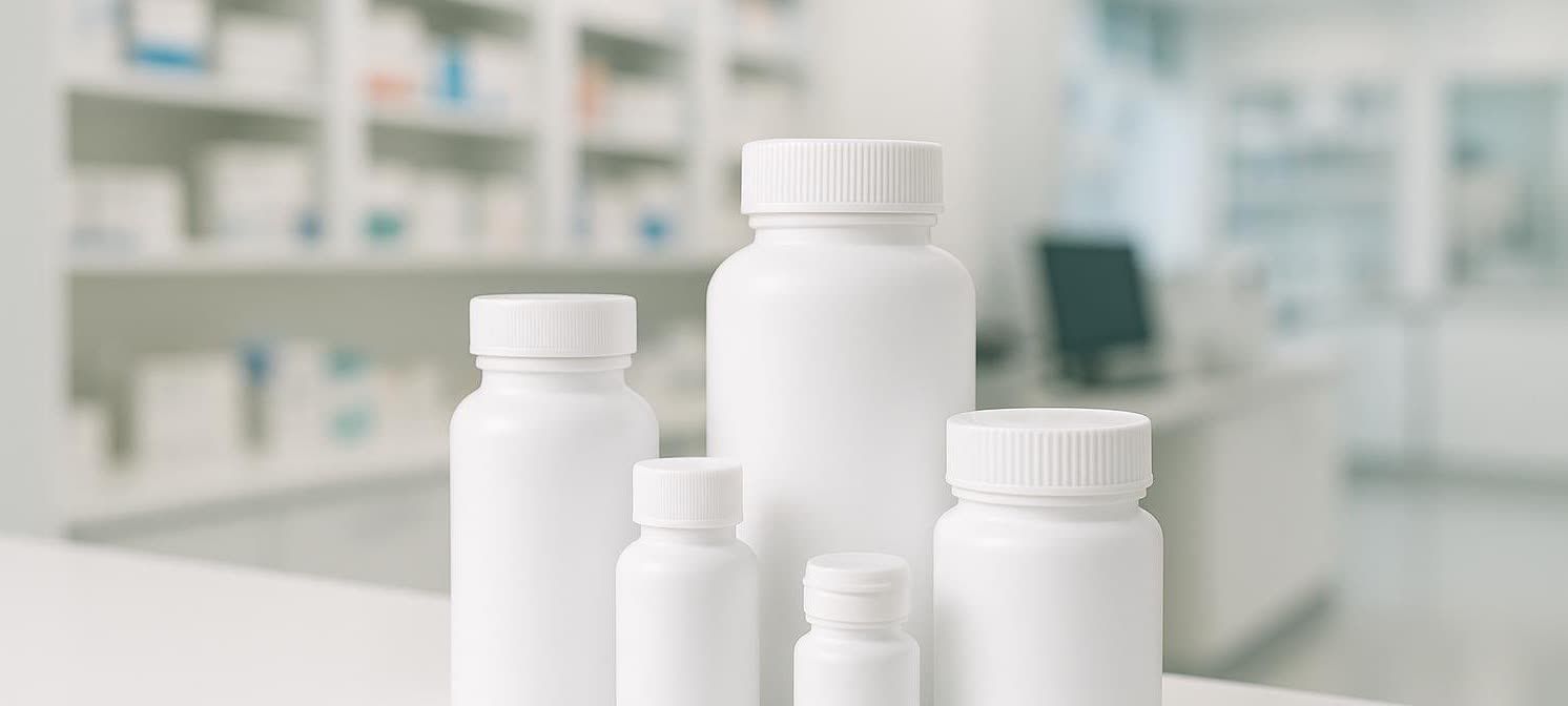 Neatly arranged white pill bottles on a modern pharmacy counter, representing SGLT2 inhibitor medications.