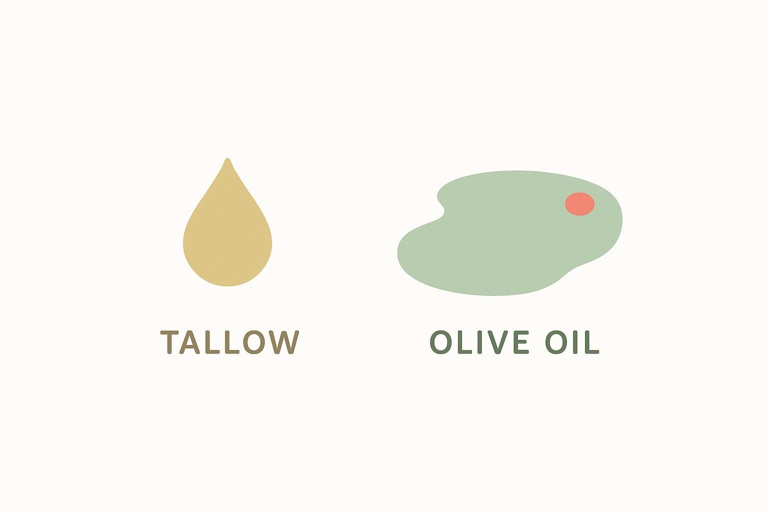 An illustration showing a small, golden drop representing tallow, next to a larger, light green splat with a red dot, representing olive oil, with 'TALLOW' and 'OLIVE OIL' written below each respectively. The image implies a comparison of usage or quantity, with less tallow and more olive oil.