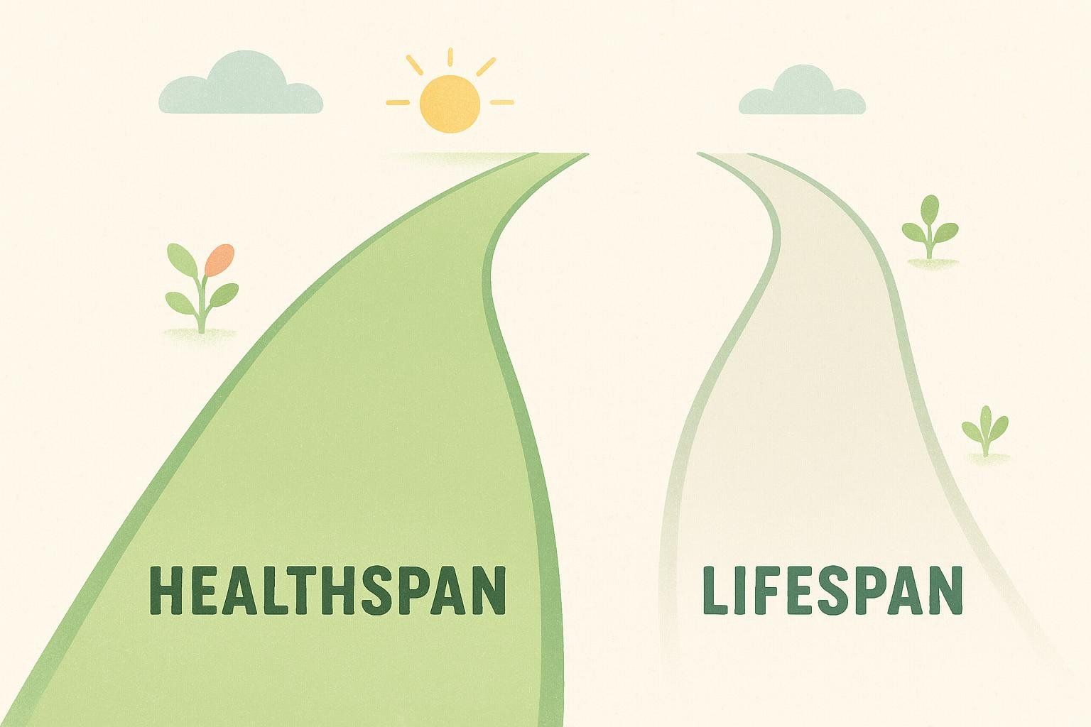 Illustration contrasting the concept of Healthspan (long green path representing years lived well) versus Lifespan (parallel path fading to grey, representing potential poor health).