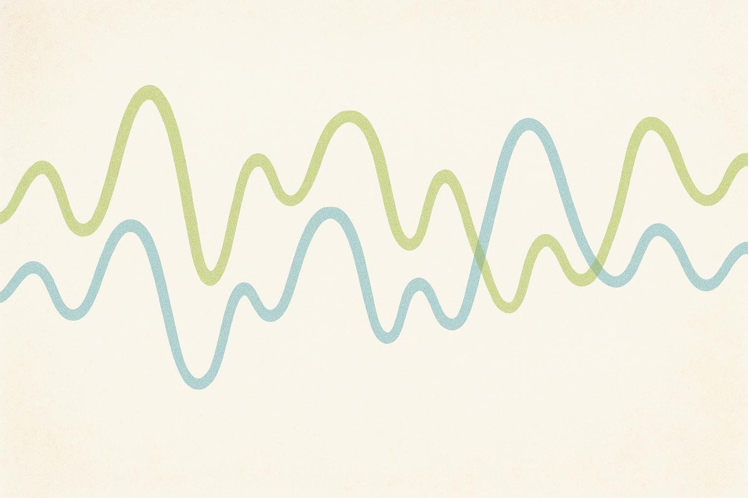 An abstract illustration with two wavy lines, one light green and one light blue, intersecting and overlapping against a textured off-white background, representing the unpredictable hormonal fluctuations of perimenopause.