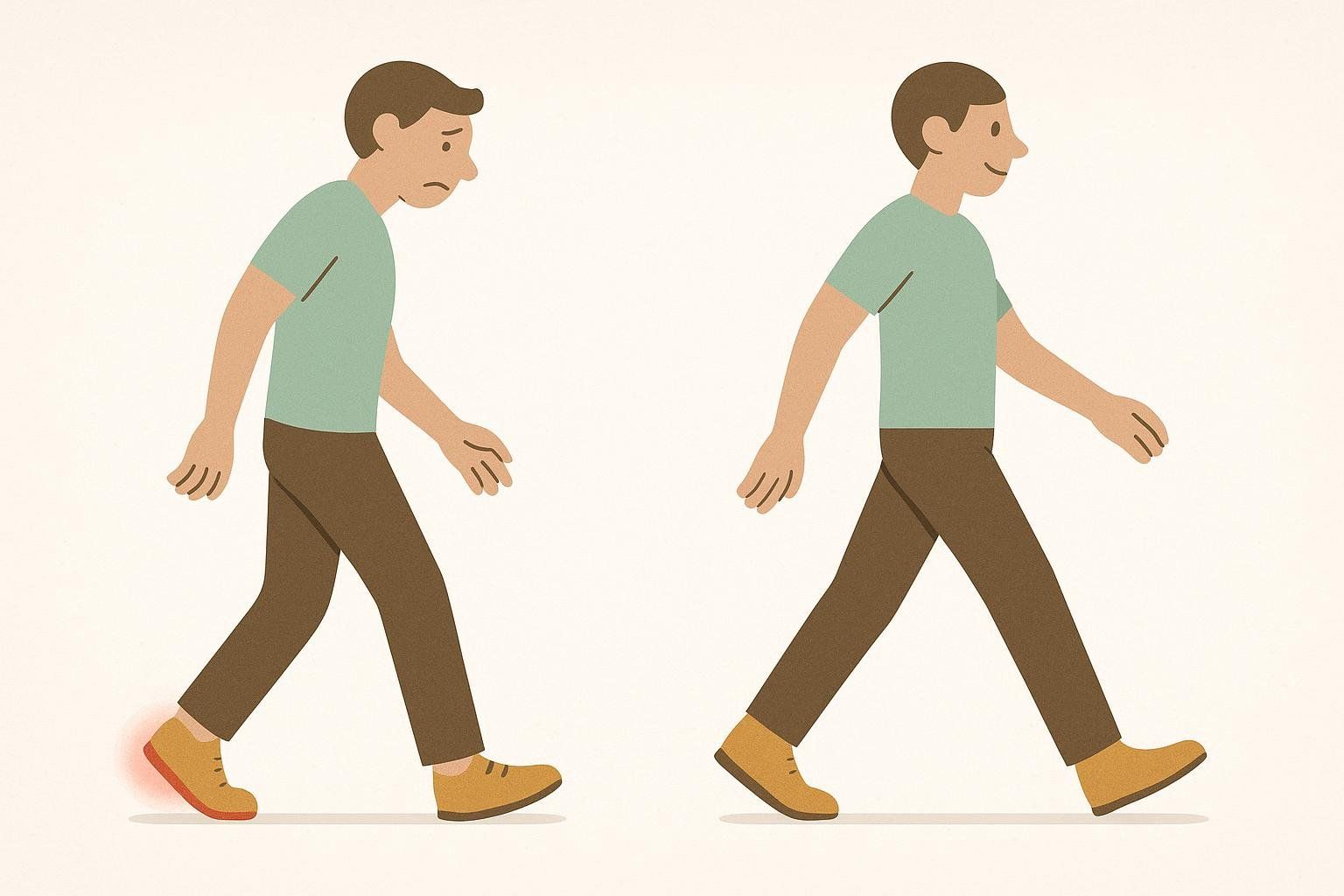 An illustration comparing a painful gait caused by foot pain with a healthy, smooth walking gait. The painful gait shows a frowning person with a red glow around their shoe, while the healthy gait shows a smiling person walking normally.