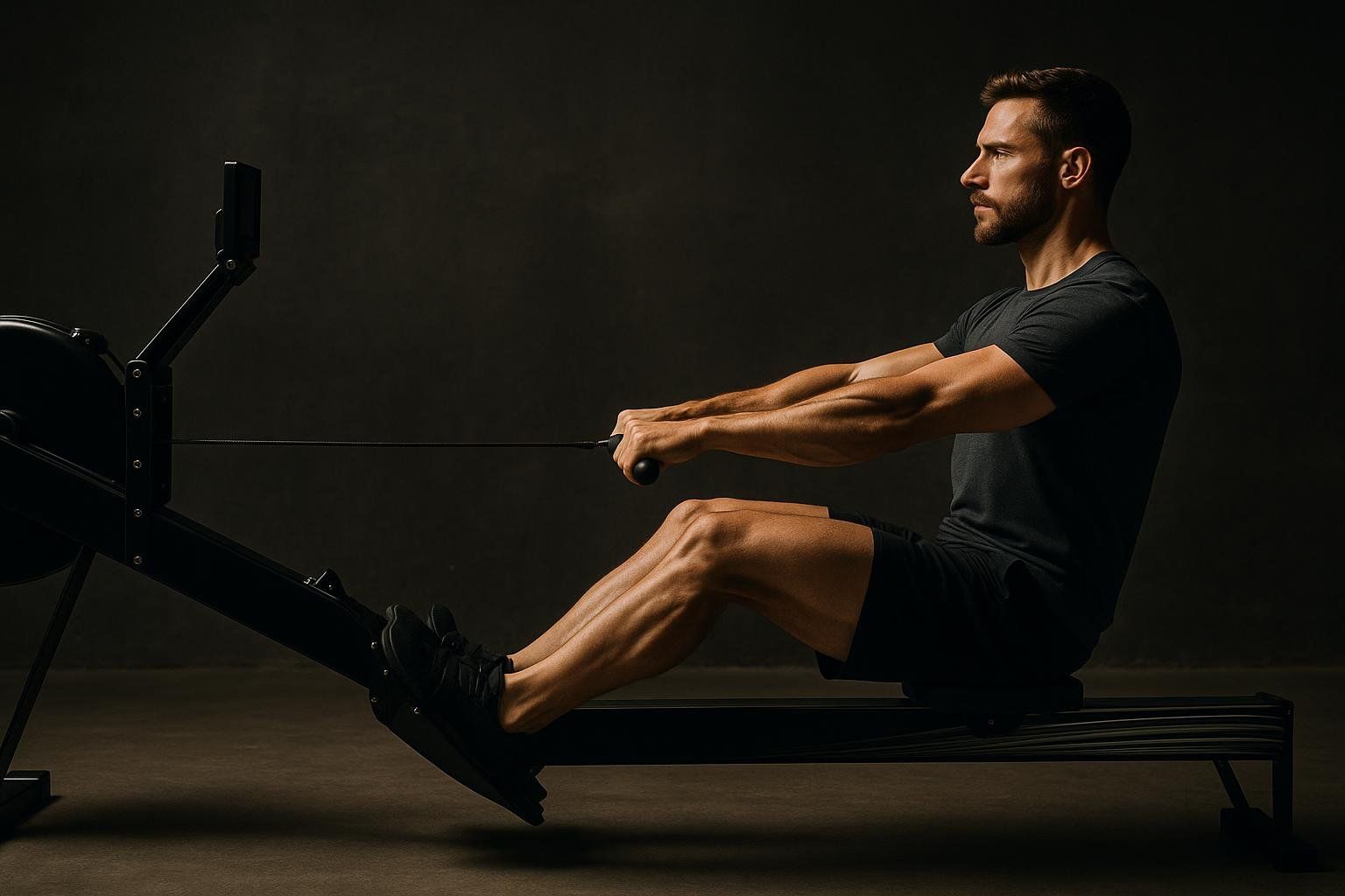 A person using a rowing machine, demonstrating a full-body, high-intensity, low-impact cardio exercise.