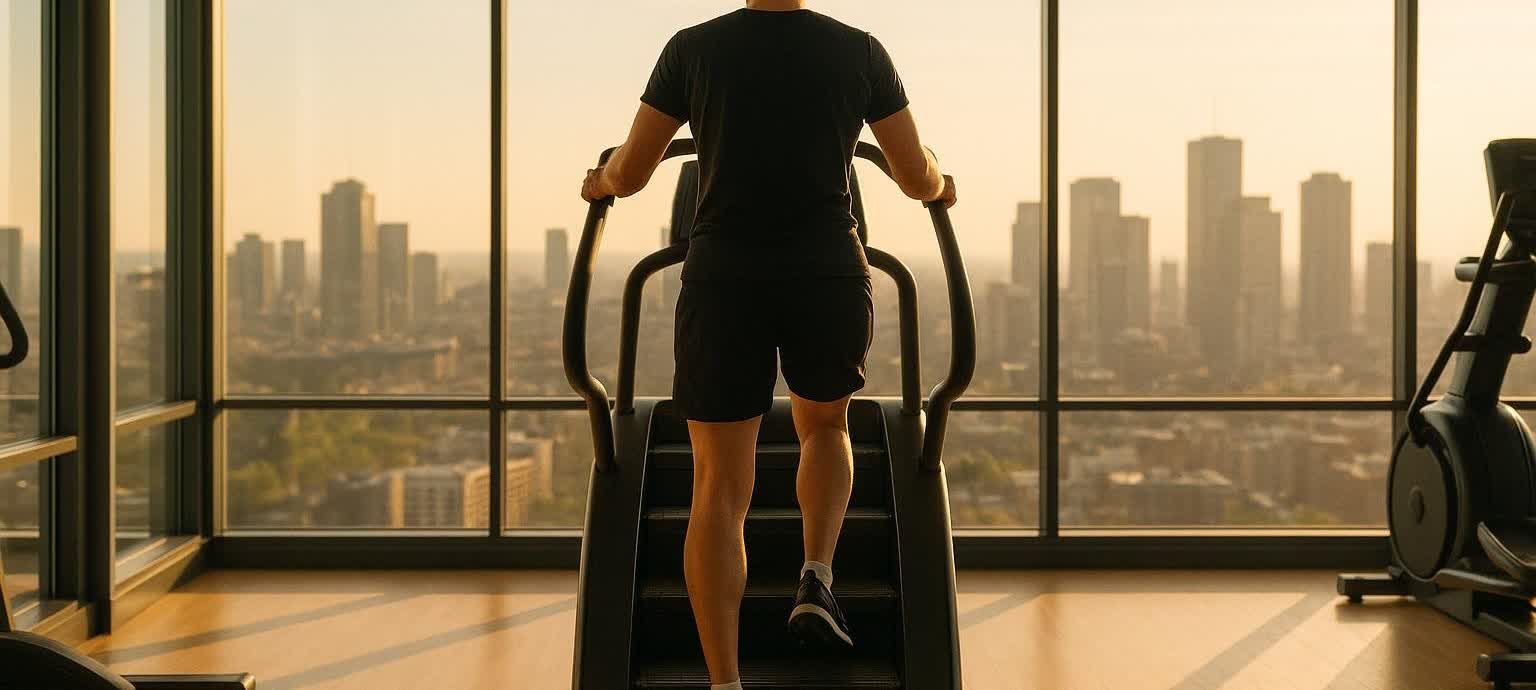 A person in black shorts and a t-shirt exercises on a StairMaster, looking out a large window at a city skyline bathed in warm, golden light during sunset or sunrise. The spacious gym offers a peaceful and motivational view.