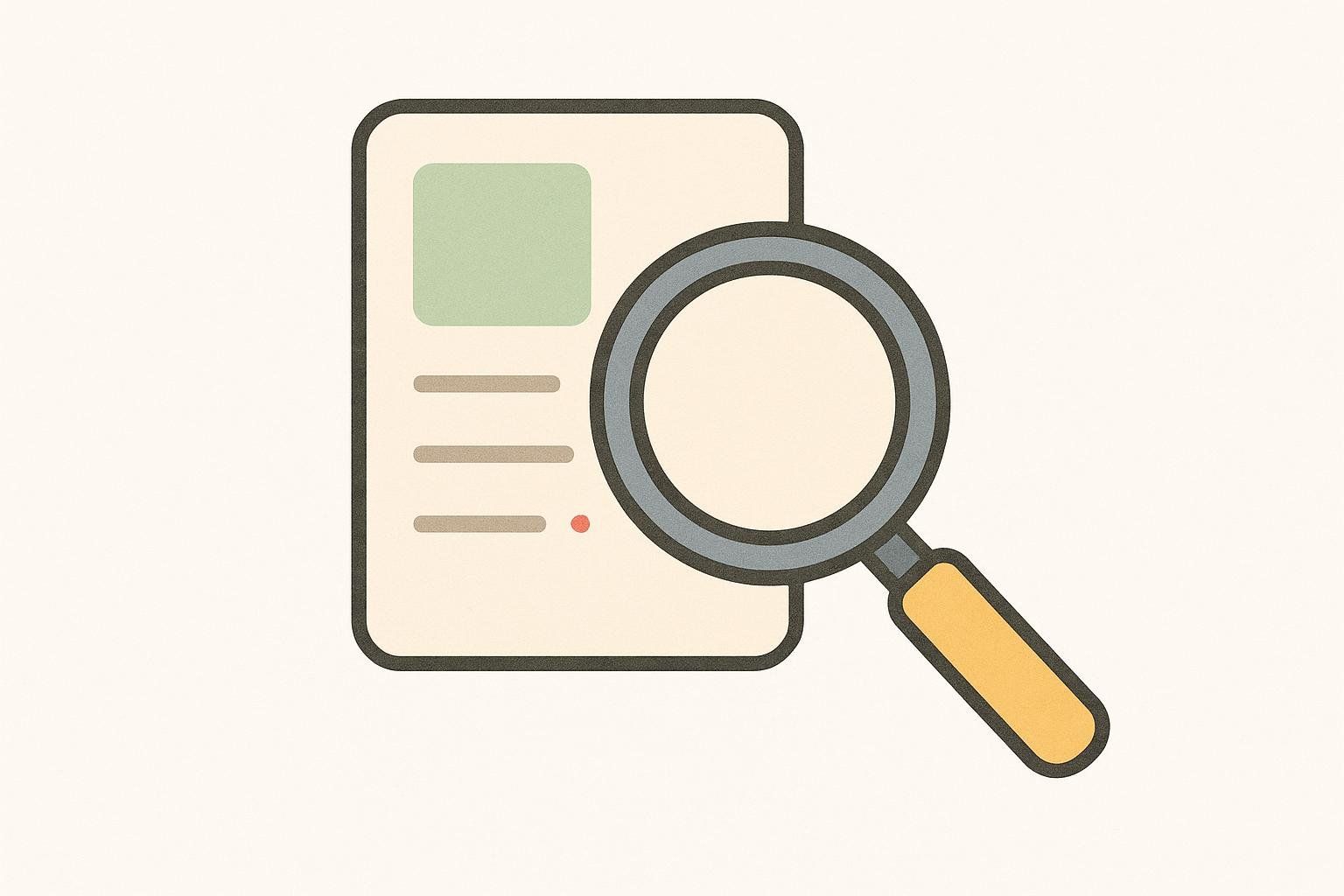 An icon depicting a magnifying glass placed over a document with text lines and a highlight, symbolizing research or review.