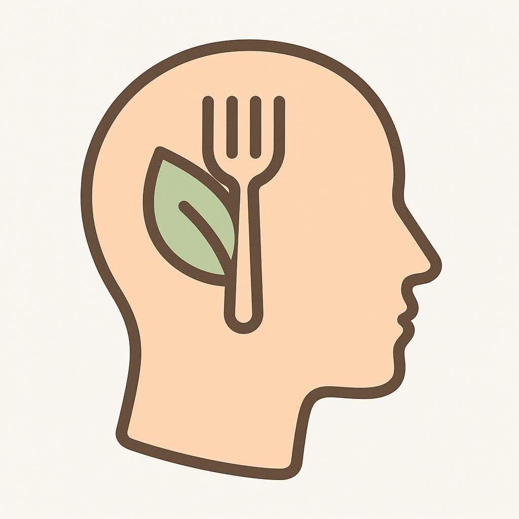 Simple icon of a head with a fork and leaf inside, representing mindful eating.
