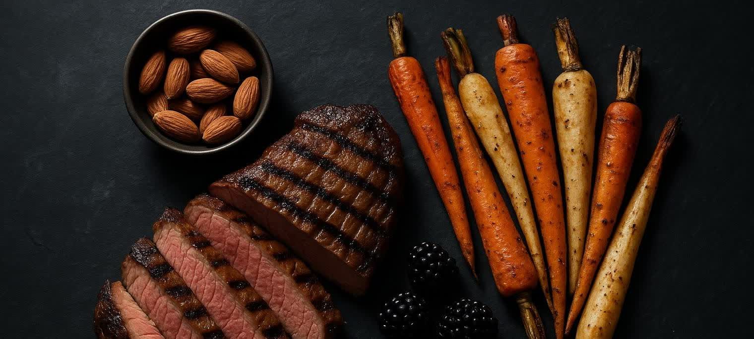 A hearty plate of Paleo diet foods, including a grilled steak, roasted root vegetables, and nuts.