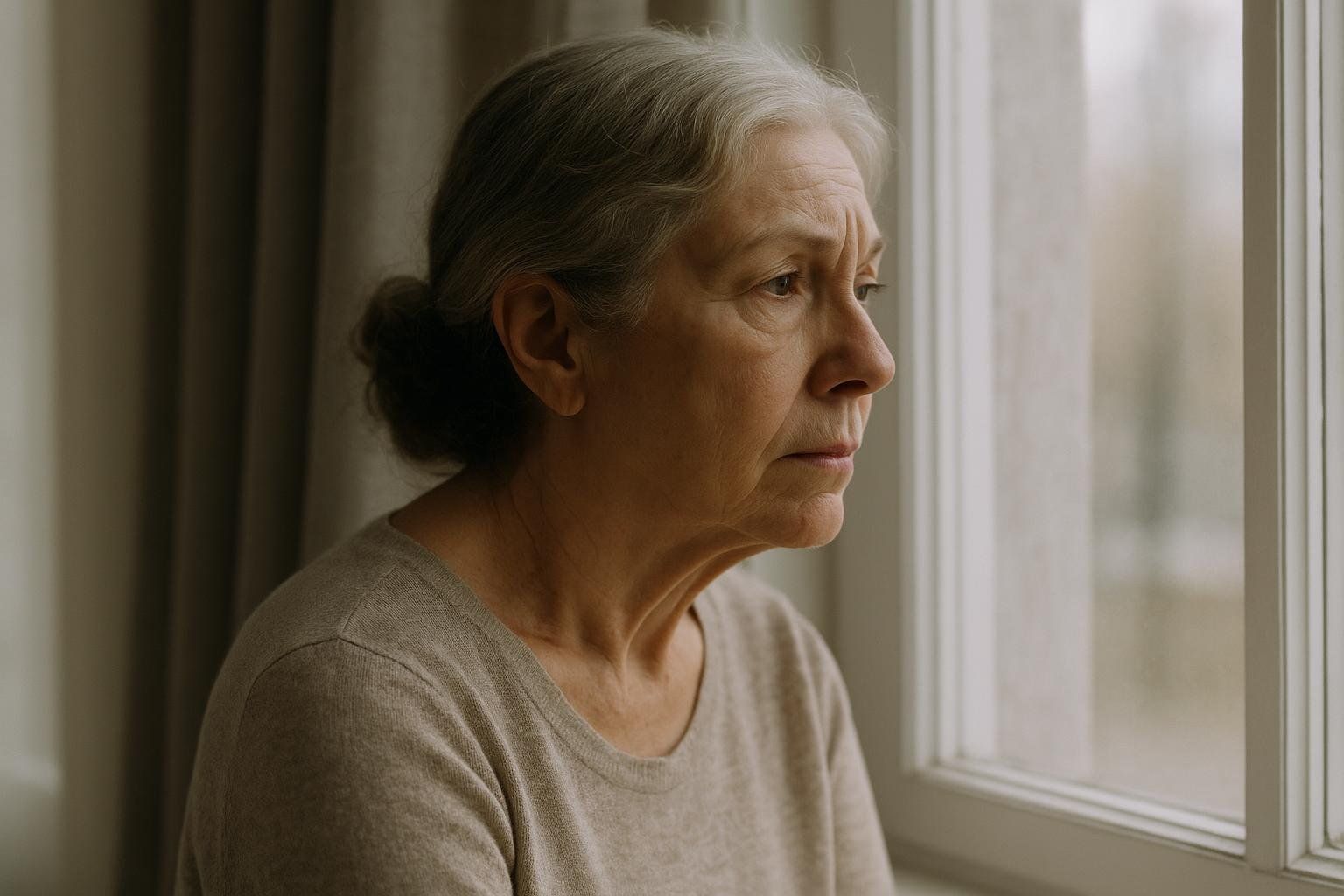 A thoughtful senior woman with gray hair, dressed in a beige sweater, gazes out a window with a pensive expression, suggesting contemplation or concern.