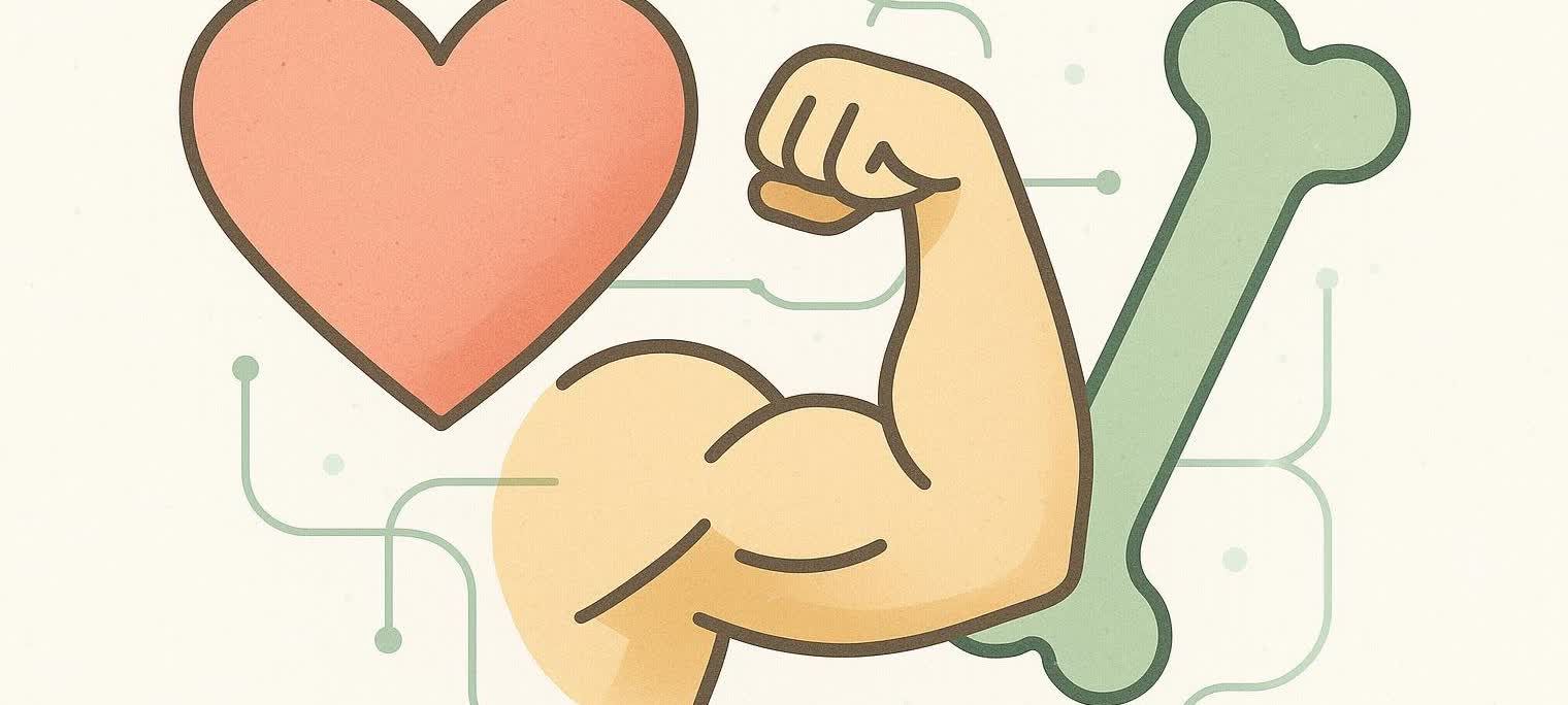 Illustration connecting icons for heart, muscle, and bone with data lines, symbolizing holistic body composition insights.