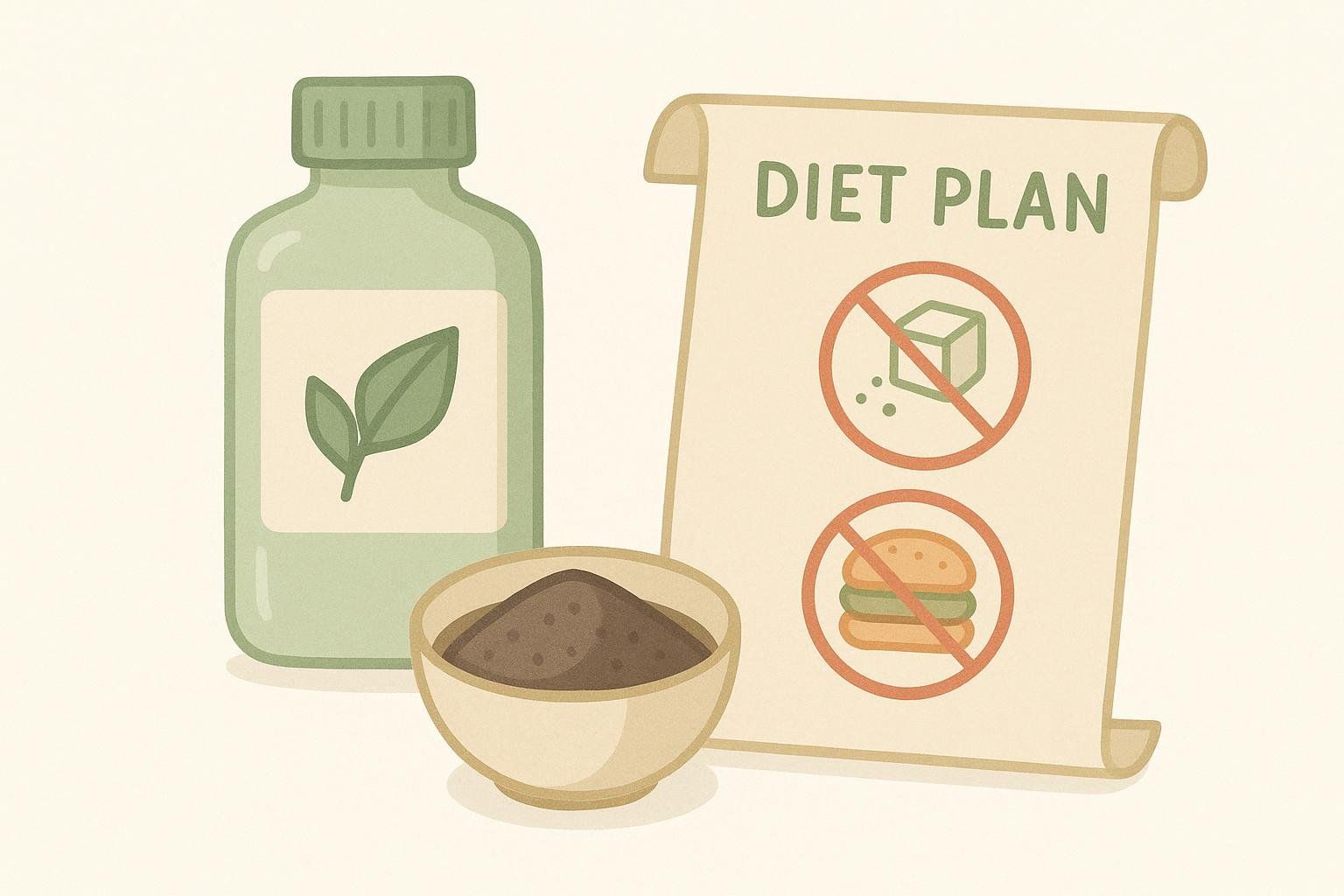 An illustration showing items from a typical parasite cleanse: herbal supplements, fiber powder, and a restrictive diet plan.