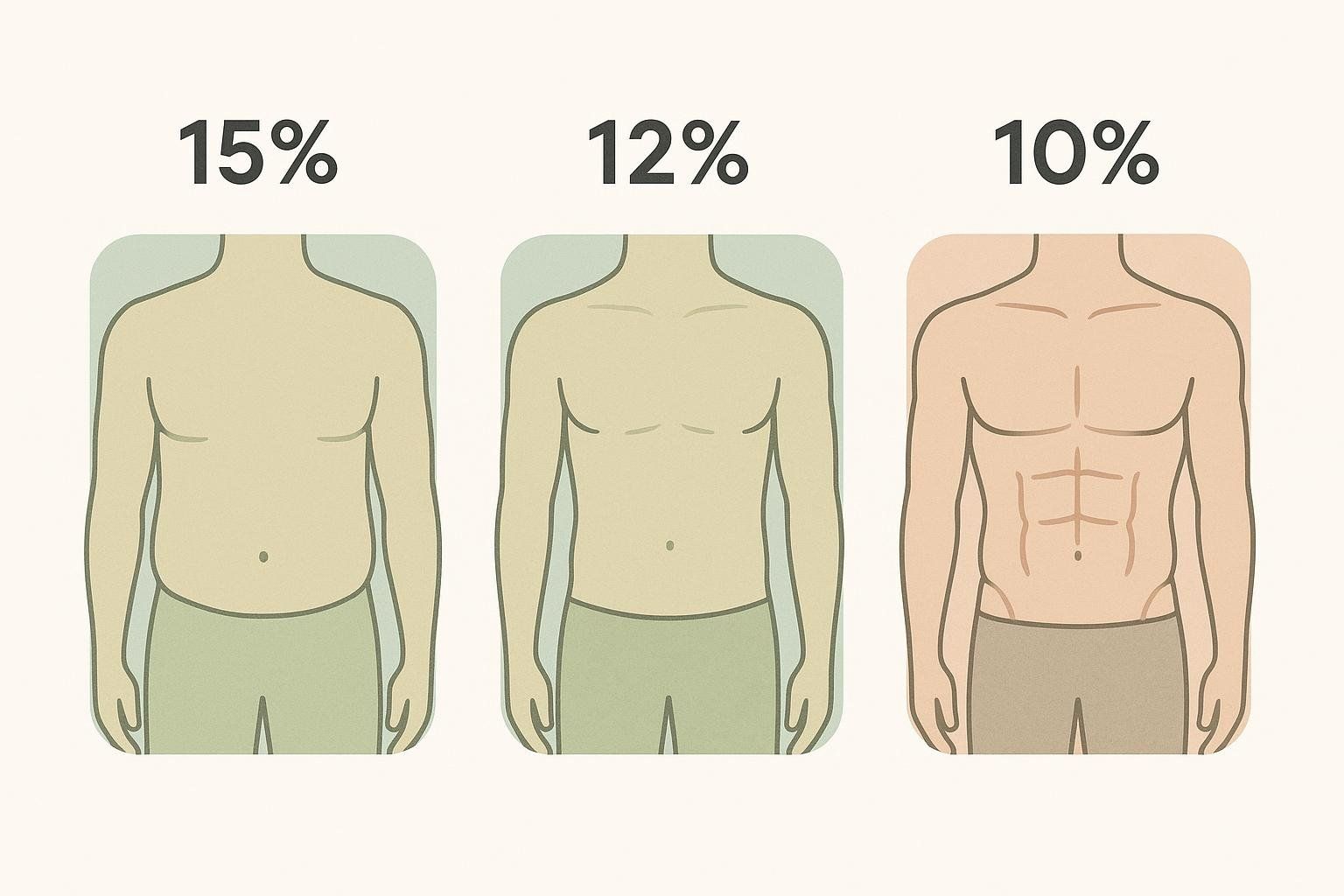 An infographic comparing male body fat percentages, with silhouettes showing the visual difference between 15% (larger stomach), 12% (flatter stomach with some definition), and 10% (defined abs) body fat.