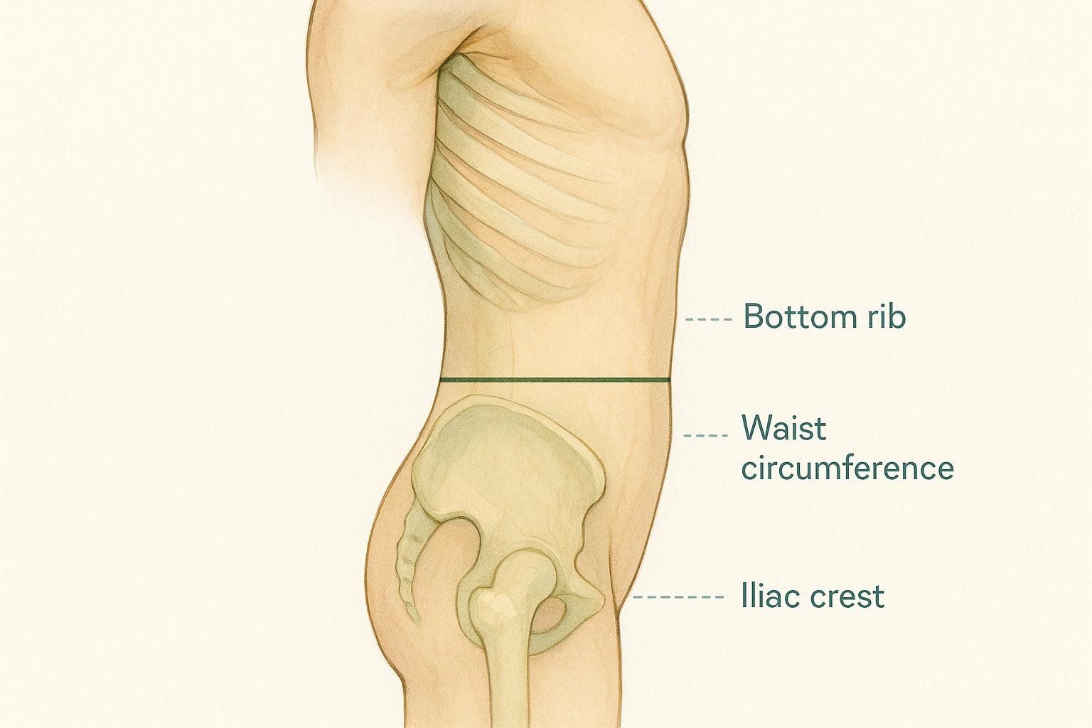 An anatomical illustration showing the correct placement for a waist circumference measurement, between the bottom rib and the iliac crest (hip bone).