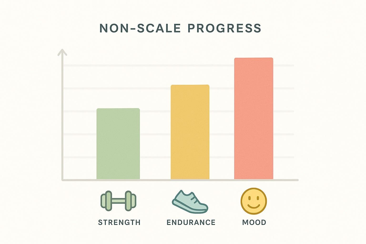 A bar chart titled 'Non-Scale Progress'. It shows three bars, each representing an upward trend for 'strength' (green bar with a dumbbell icon), 'endurance' (yellow bar with a running shoe icon), and 'mood' (red bar with a smiley face icon). The bar for mood is the highest, followed by endurance, then strength, indicating increasing progress in each category.