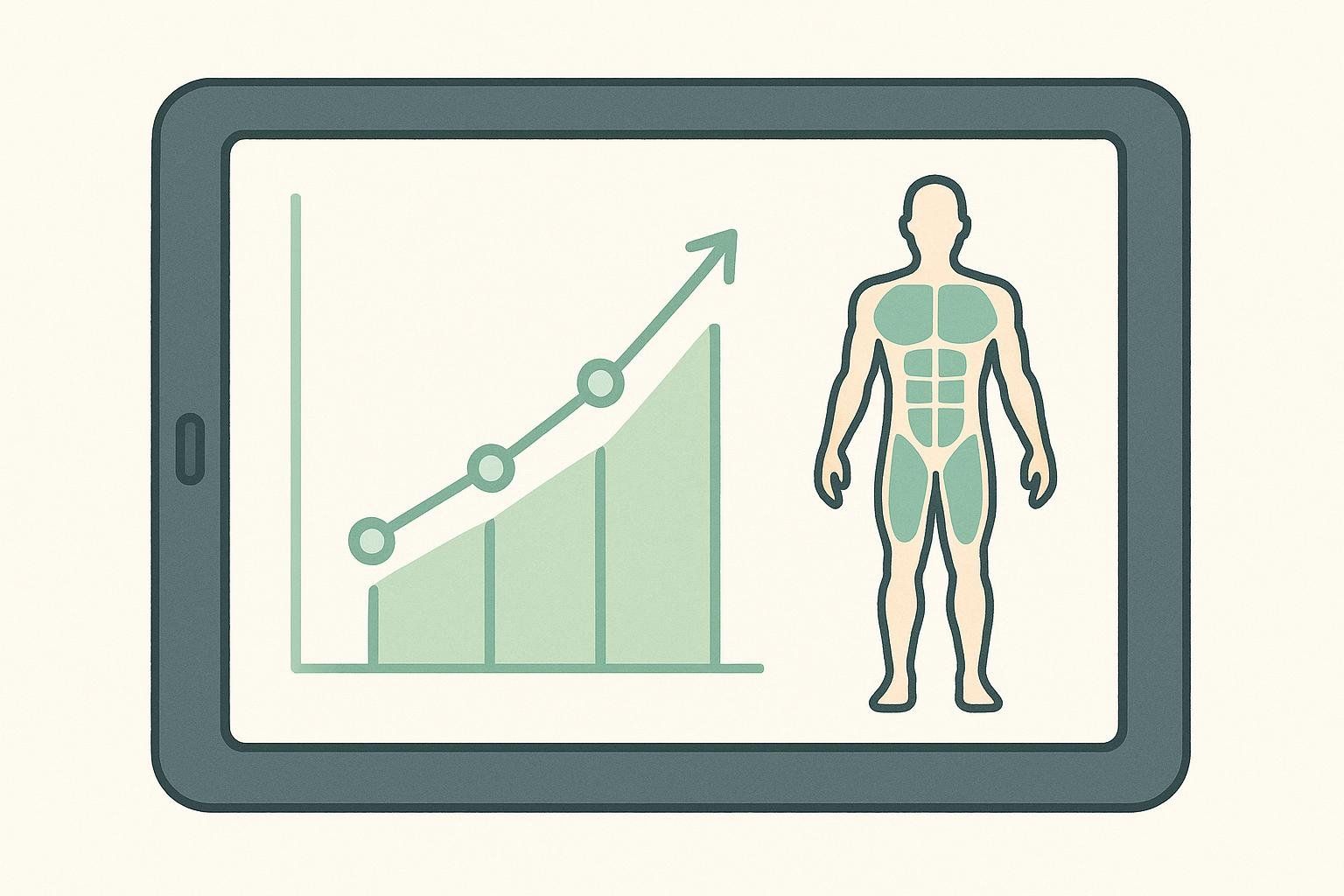 An illustration of a tablet showing performance graphs and body composition data, representing objective recovery tracking.