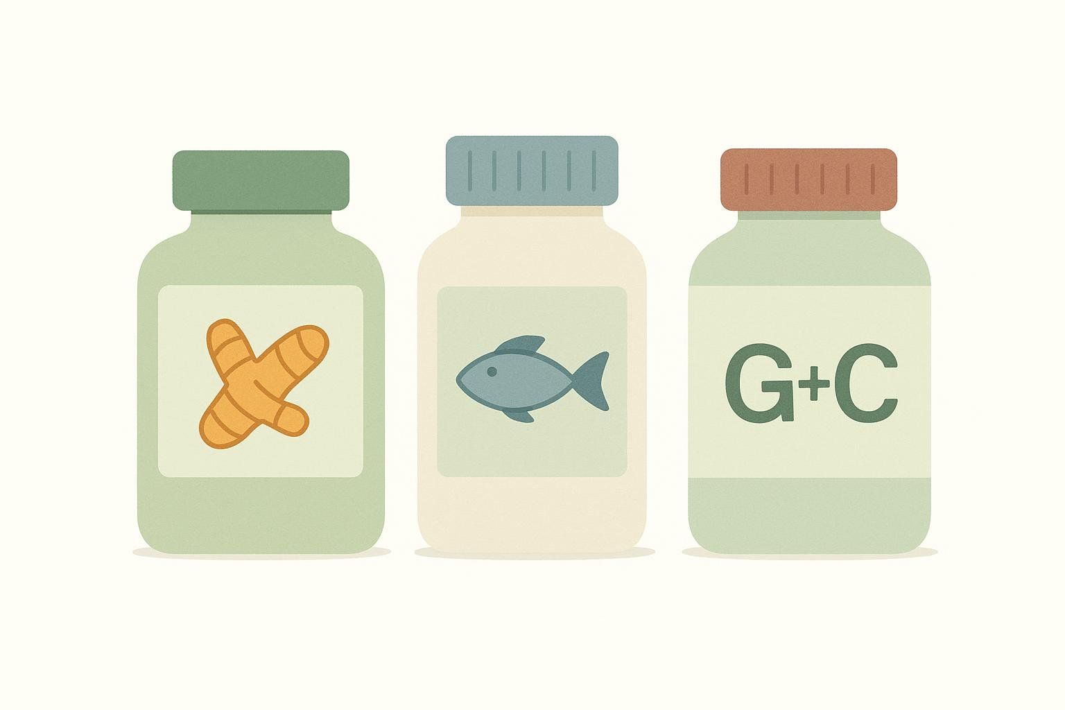 An illustration of three supplement bottles. The first bottle has a label with a ginger root icon. The second bottle has a label with a fish icon, representing omega-3s. The third bottle has a label with the letters 'G+C', likely representing glucosamine and chondroitin.