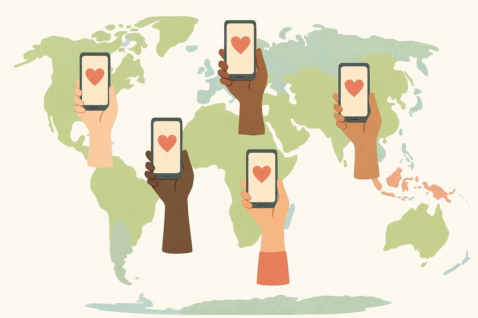 An illustration showing five diverse hands holding smartphones, each displaying a heart icon, positioned over a world map. The hands appear to be from different continents, symbolizing global connection and shared sentiment.