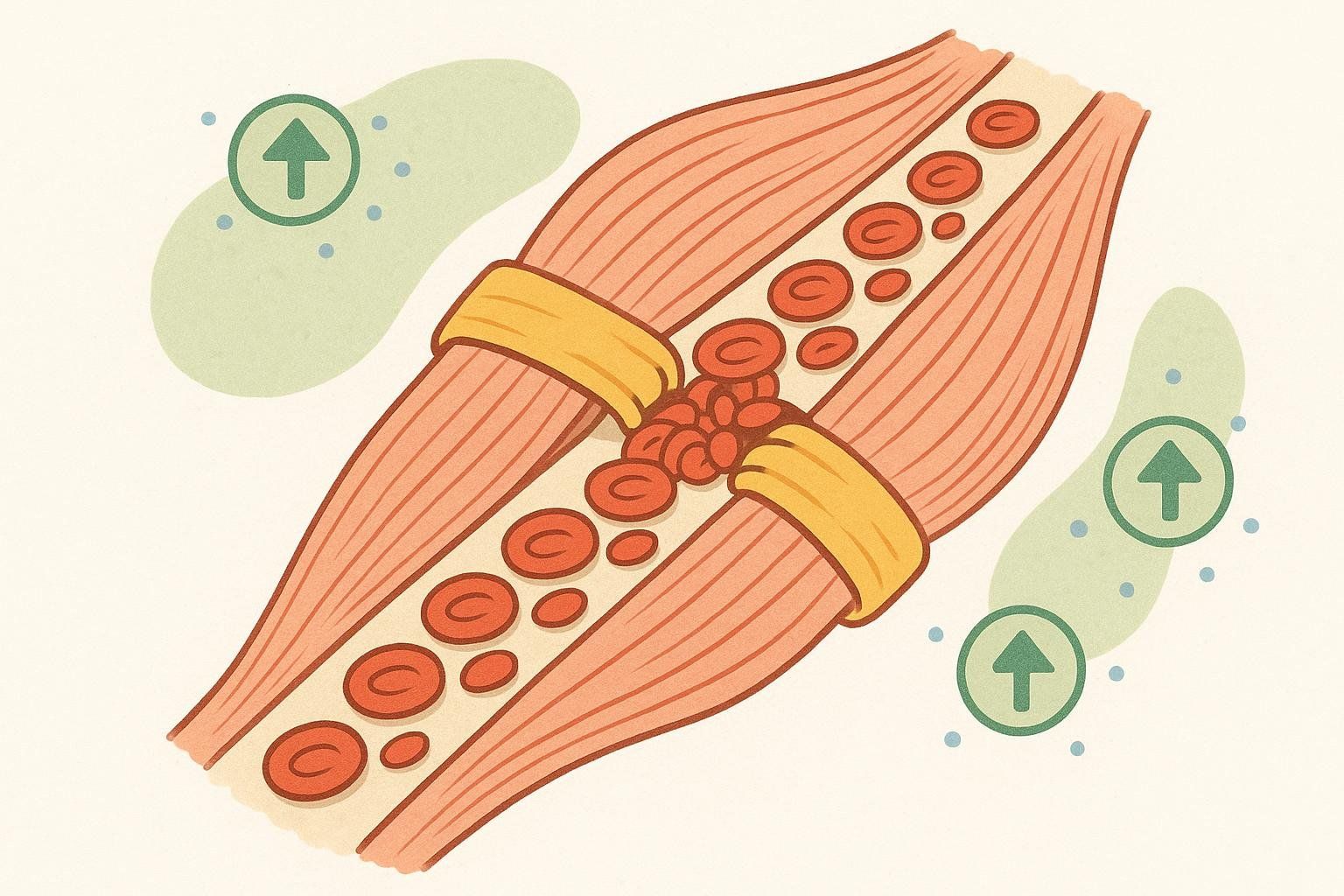 An abstract illustration depicting the 'traffic jam' analogy for Blood Flow Restriction (BFR) training, showing a constricted blood vessel within a muscle with red blood cells bottlenecked at the constriction point. Green arrows pointing upwards with bubbles around them indicate positive effects or growth.