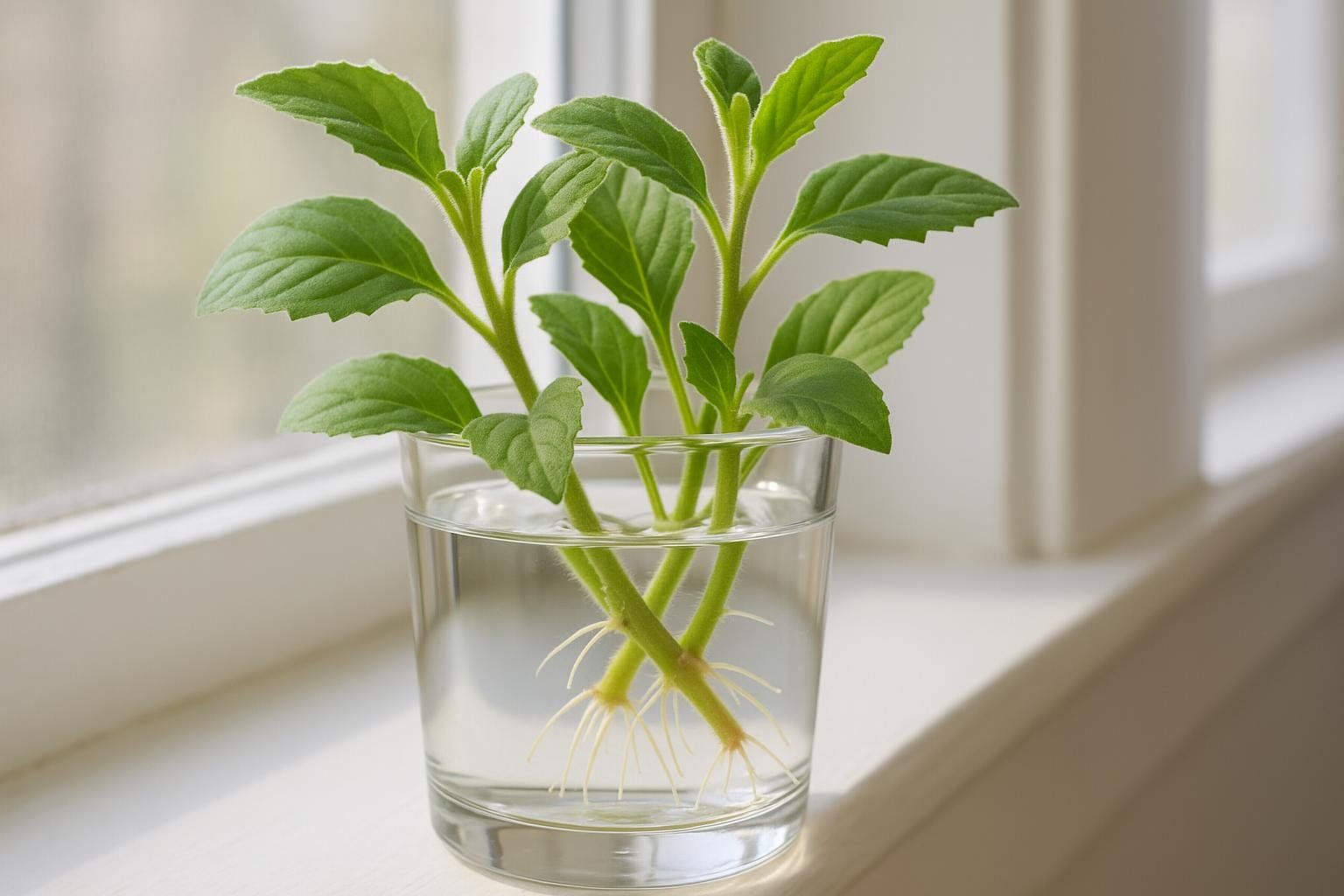 Several stems of Gynura procumbens with new white roots sprouting in a clear glass of water, demonstrating propagation.