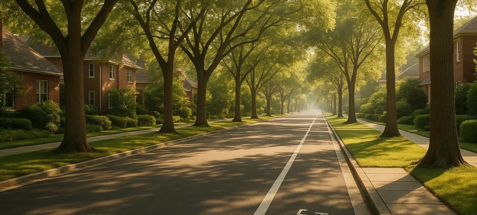 A peaceful, sunny residential street lined with large trees, showing sidewalks and a bike lane.