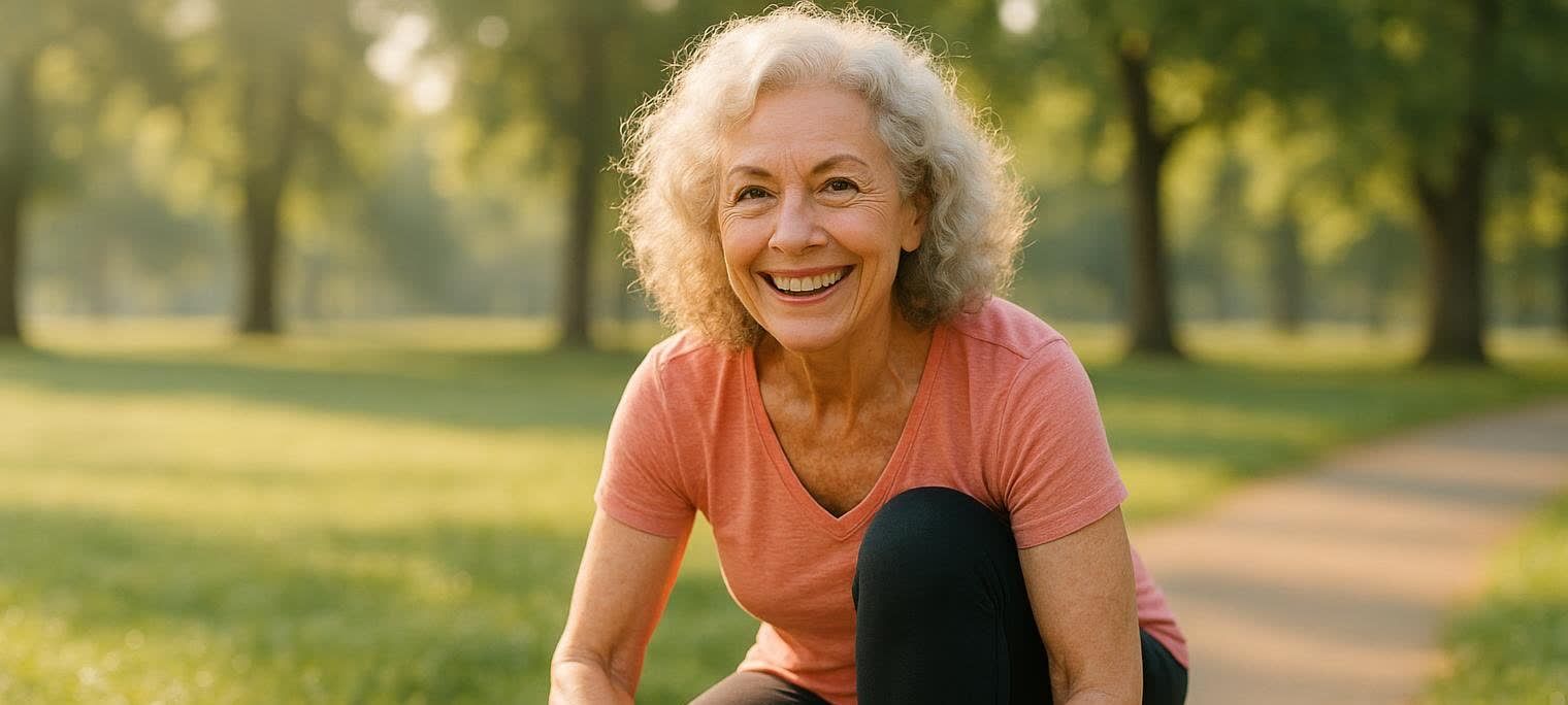 A smiling senior woman with curly grey hair, wearing a coral t-shirt and black pants, crouching in a park with green grass and trees in the background, as if preparing for a walk or exercise.