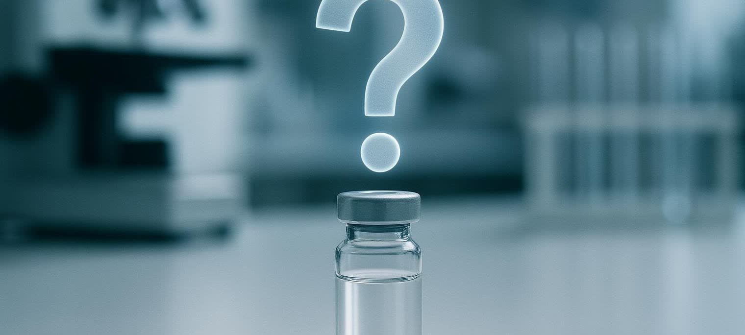 A photo of a vial on a lab bench under a large floating question mark, representing the unapproved and unproven nature of BPC-157.