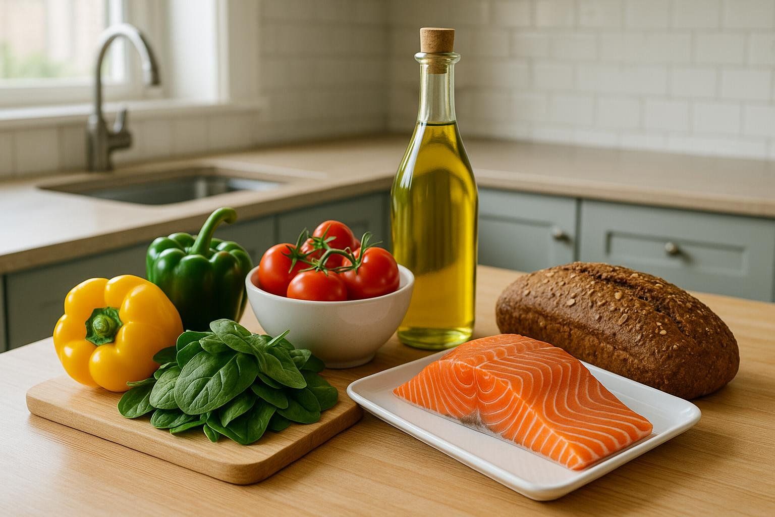 Fresh salmon fillet, colorful bell peppers, spinach, tomatoes, olive oil, and whole grain bread on a kitchen counter, representing healthy food choices.
