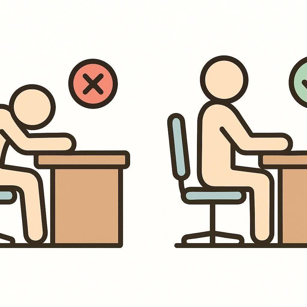 Simple icons depicting good and bad posture at a desk. On the left, a slouched figure with a red 'X' indicates bad posture. On the right, an upright figure with a green checkmark indicates good posture.