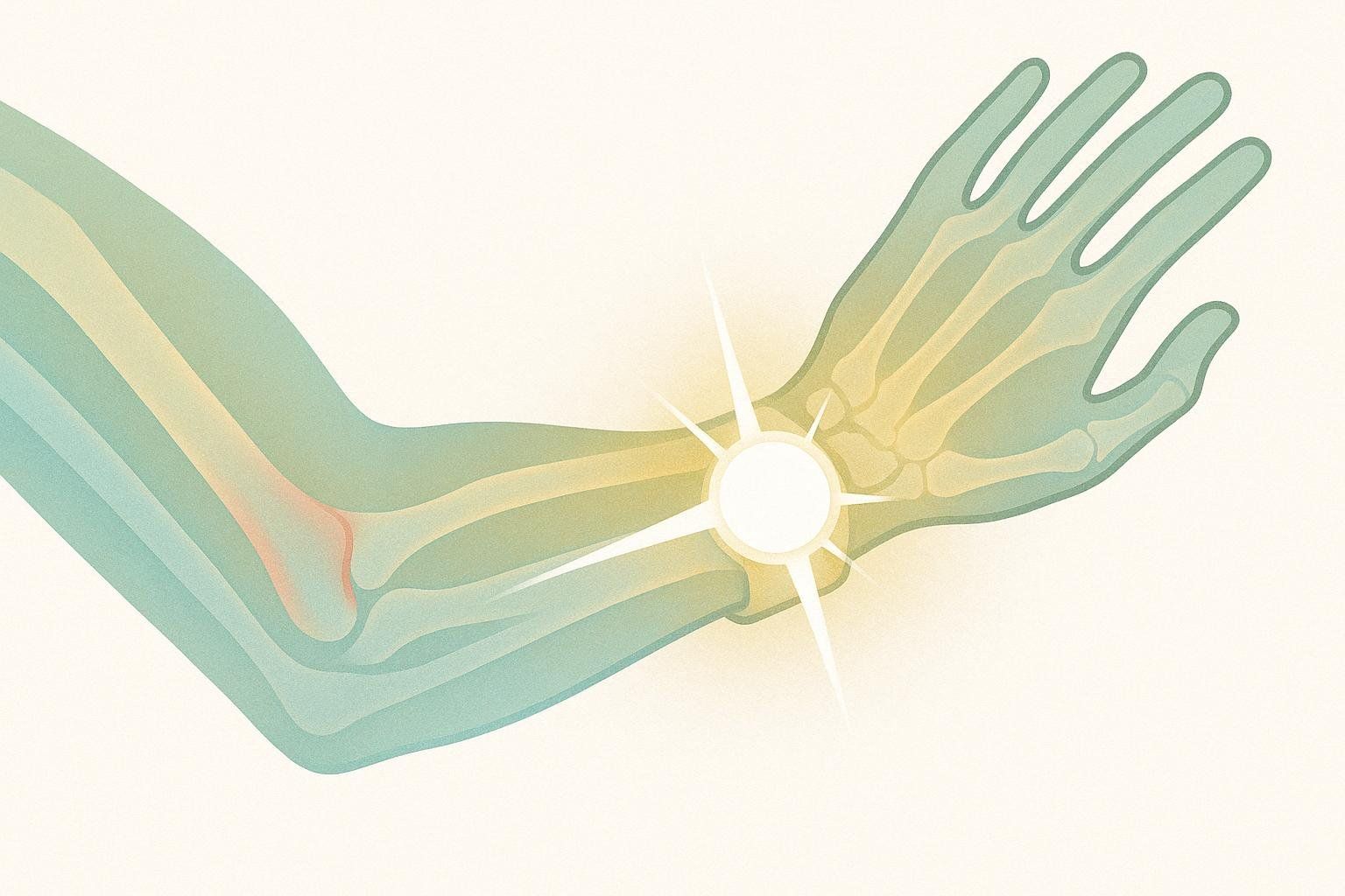 Illustration showing an X-ray of an arm and hand. A bright, star-like artifact is evident on the wrist where a metal watch would be, obscuring the bones beneath.
