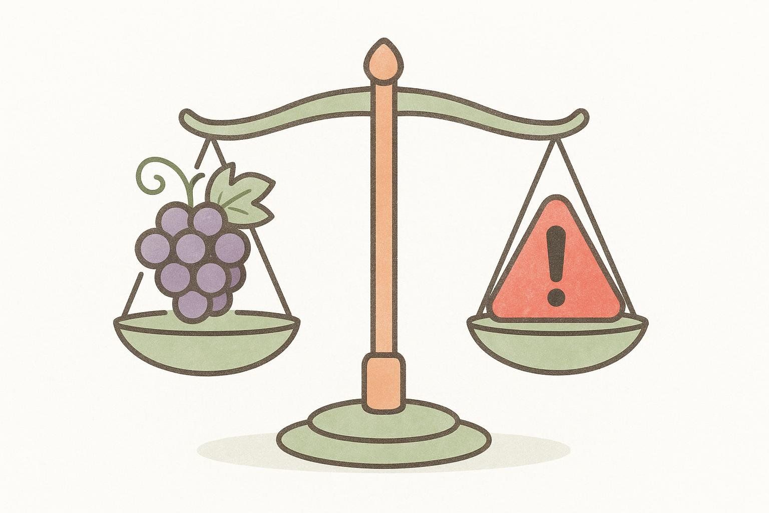 An illustration of a scale weighing a bunch of grapes against a red risk symbol (exclamation mark in a triangle), with the risk side pulling the scale down significantly, indicating that the risk outweighs the grapes.
