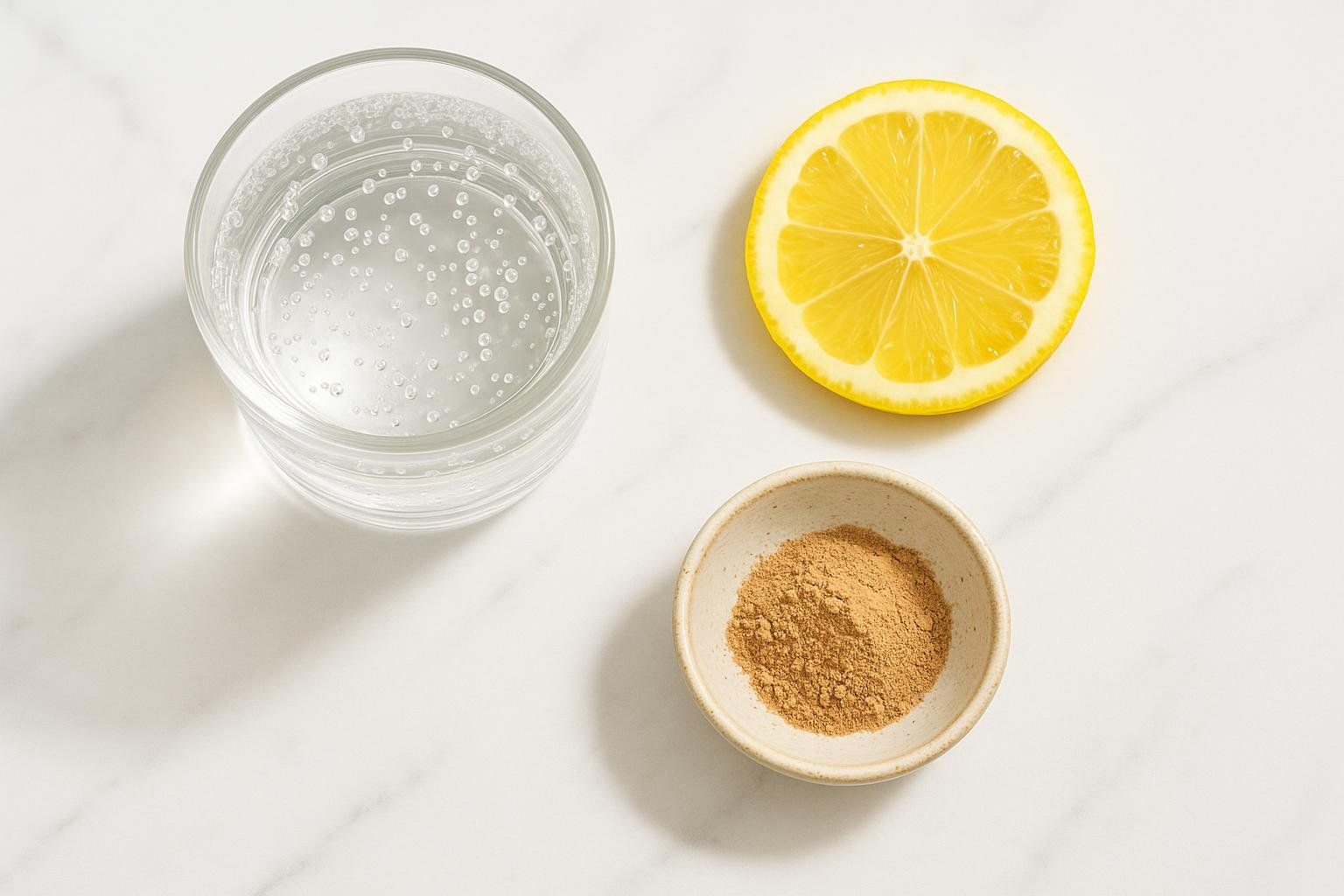A flat lay of ingredients for a DIY adaptogen drink: sparkling water in a glass, a slice of lemon, and a small bowl of light brown herbal powder, all on a white marble surface.