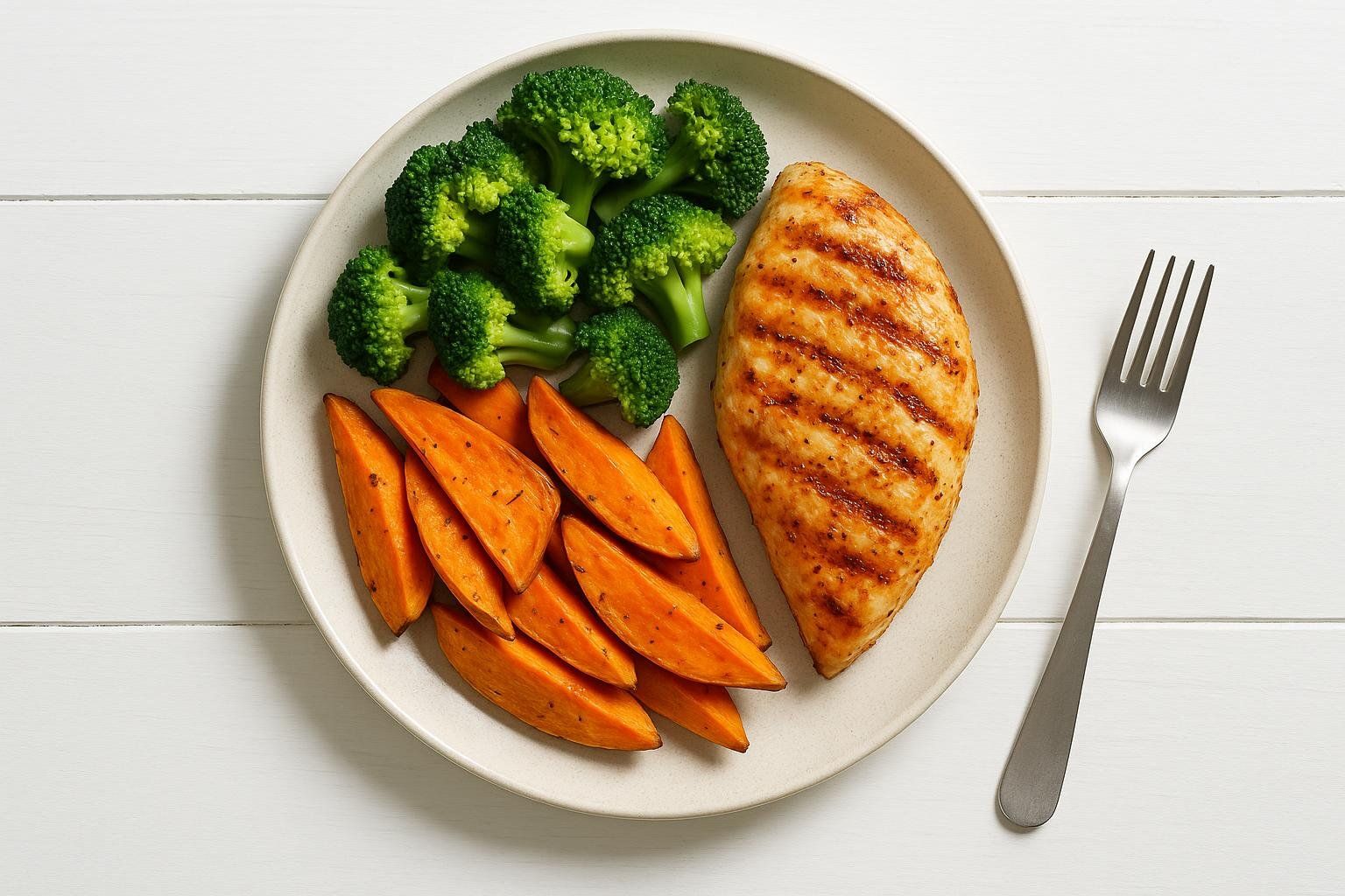 A satisfying, balanced plate with chicken, broccoli, and sweet potato, demonstrating a key strategy to quiet food noise.