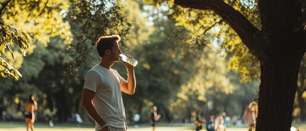 A man in a white t-shirt drinks from a water bottle in a park on a sunny day with blurry figures in the background.