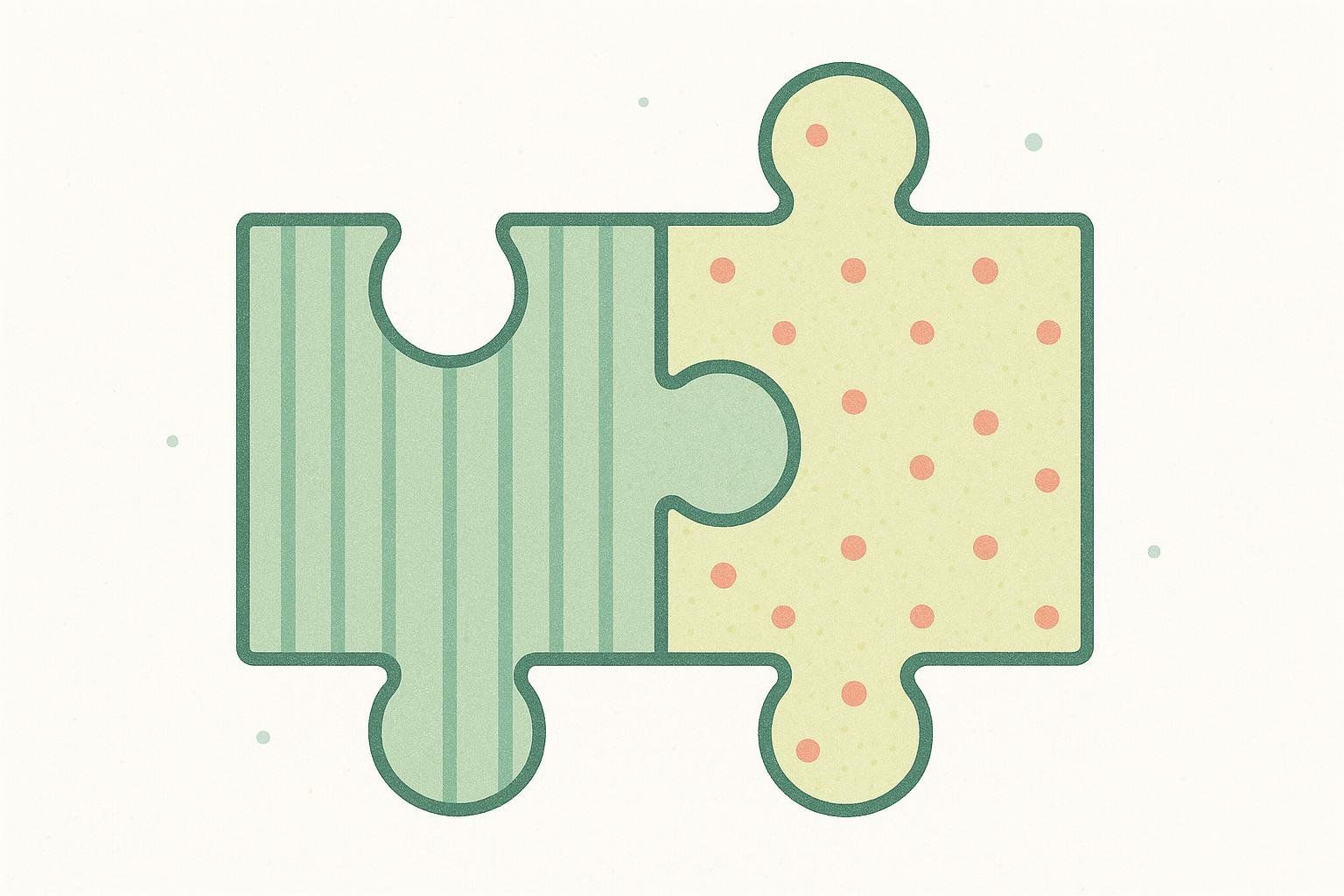 Two patterned puzzle pieces fitting together, symbolizing the pairing of CPT and ICD-10 codes.