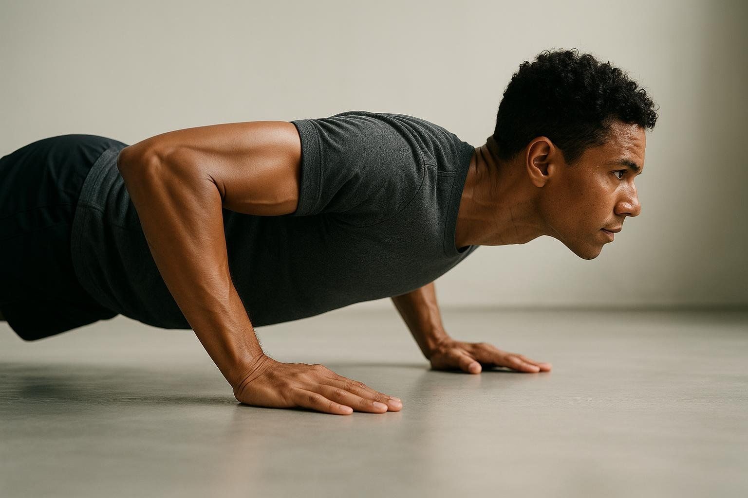 A man with dark, curly hair and a gray t-shirt performs a perfect push-up on a light-colored floor. He is in the lowered position, with his forearms and biceps visible and engaged.