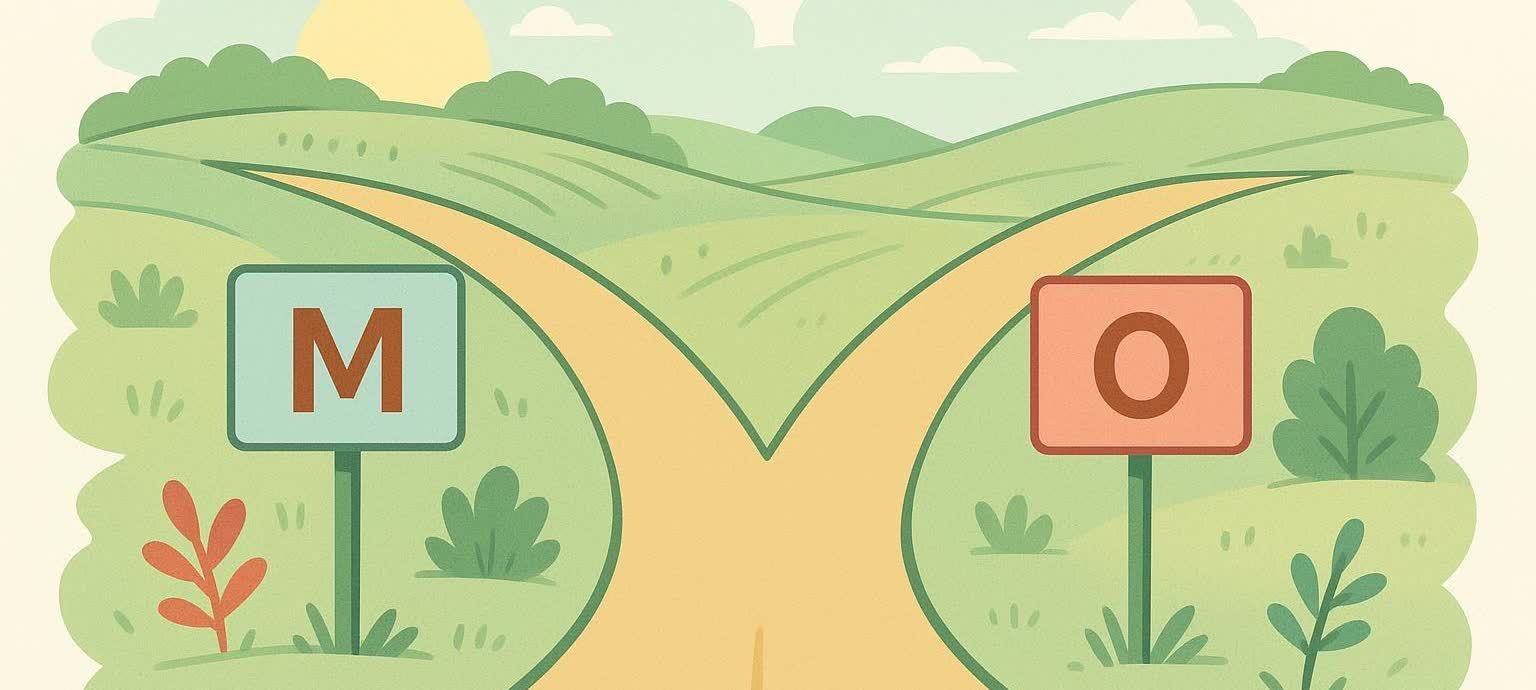 An illustration of a forked road, symbolizing the choice between Mounjaro and Ozempic based on different treatment goals. One path has a sign with the letter 'M' and the other has a sign with the letter 'O'.