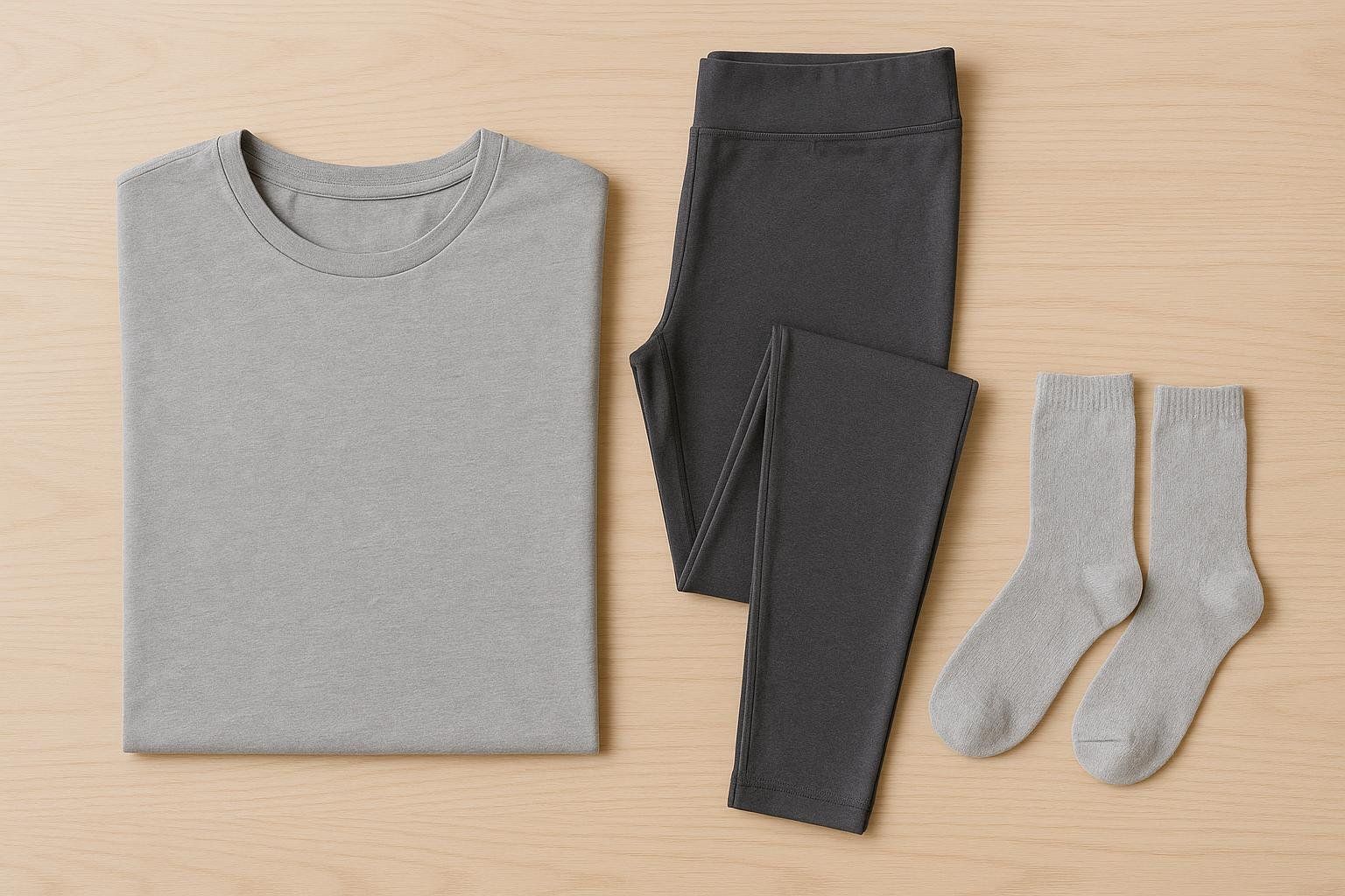 A flat lay of comfortable, metal-free clothing suitable for a DEXA scan. It includes a light grey t-shirt, dark grey leggings, and a pair of light grey socks, all neatly folded on a light wooden surface.