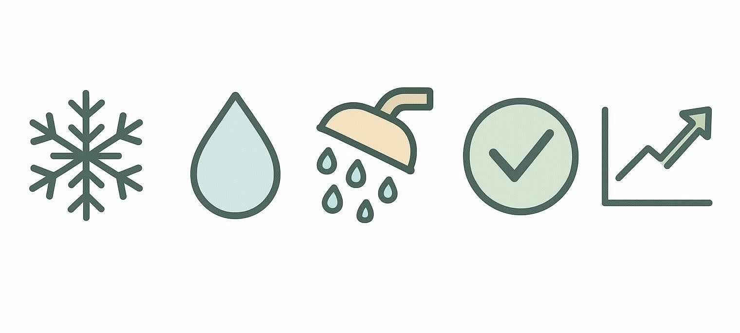 Icons representing cold, water drop, shower, checkmark, and a graph showing upward progress.