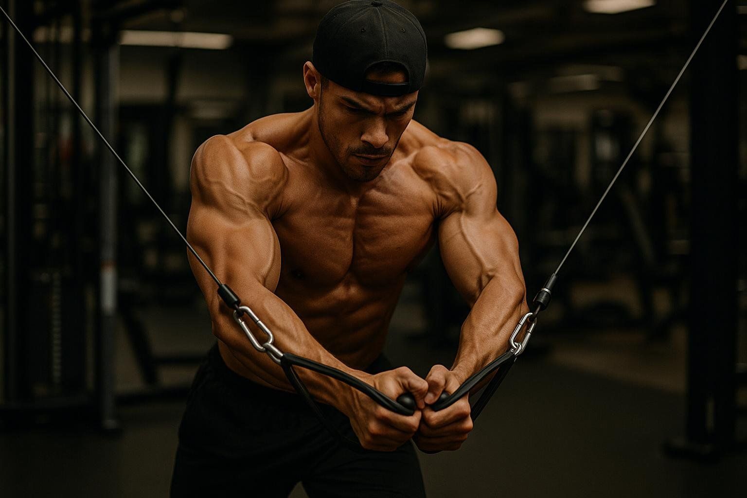 Athlete performing high-to-low cable crossover highlighting chest contraction.