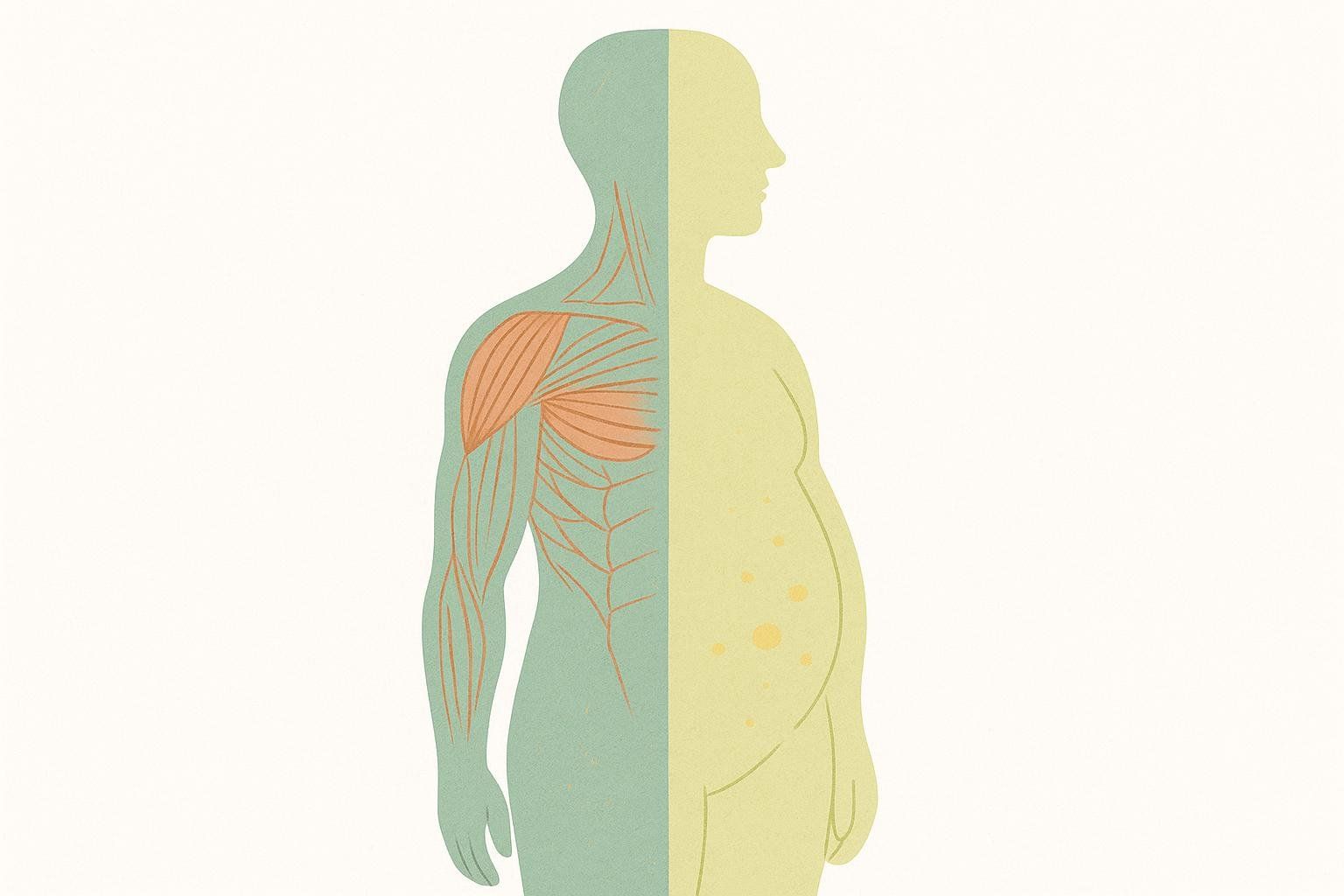 An abstract illustration depicting the difference in body composition, with the left half of a human silhouette showing muscle and veins, and the right half showing an obese form with internal fat deposits. This visual explains the contrast between muscle mass and fat mass.