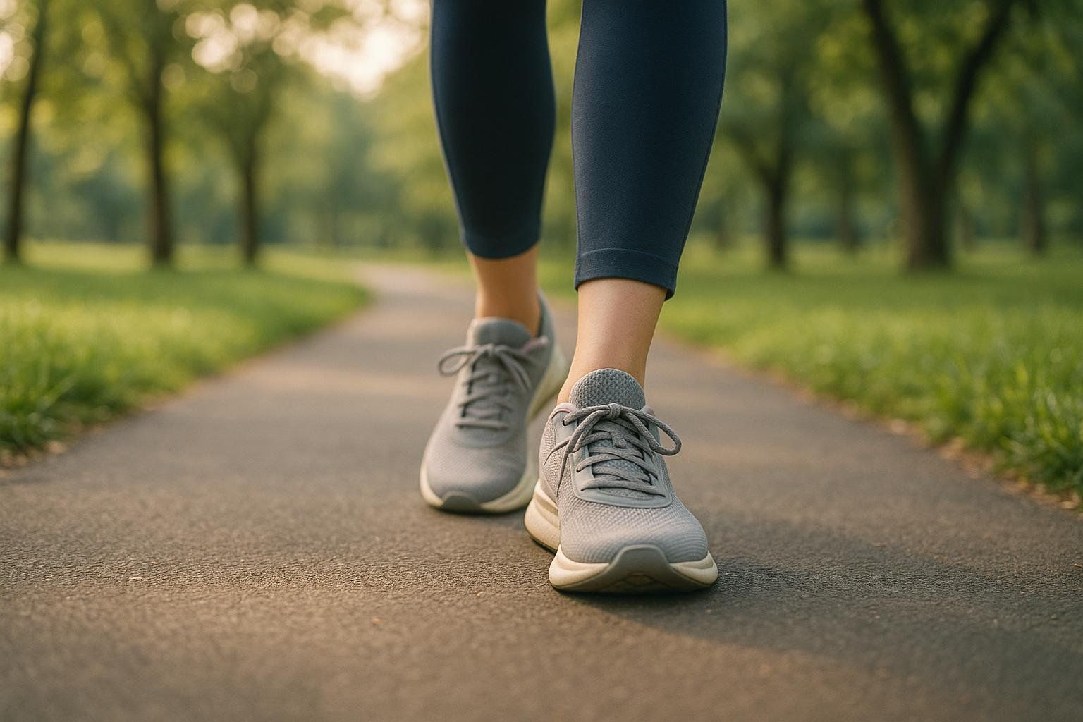 Close-up of a person's feet in grey athletic shoes and dark leggings walking on a paved park path with green grass and trees in the blurred background. The sunlight glows softly on the path.