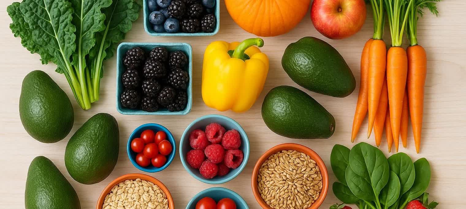 A colorful overhead shot of a variety of fresh, whole foods, including avocados, kale, blueberries, blackberries, raspberries, cherry tomatoes, spinach, yellow bell pepper, carrots, an apple, a pumpkin, and bowls of grains, arranged on a light wooden surface.