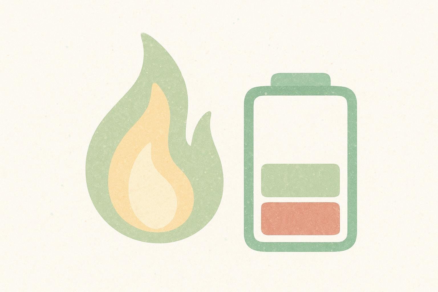 Illustration of a dimmed green and orange flame next to a battery icon with orange and green bars indicating partial charge. Both symbols represent metabolic adaptation.