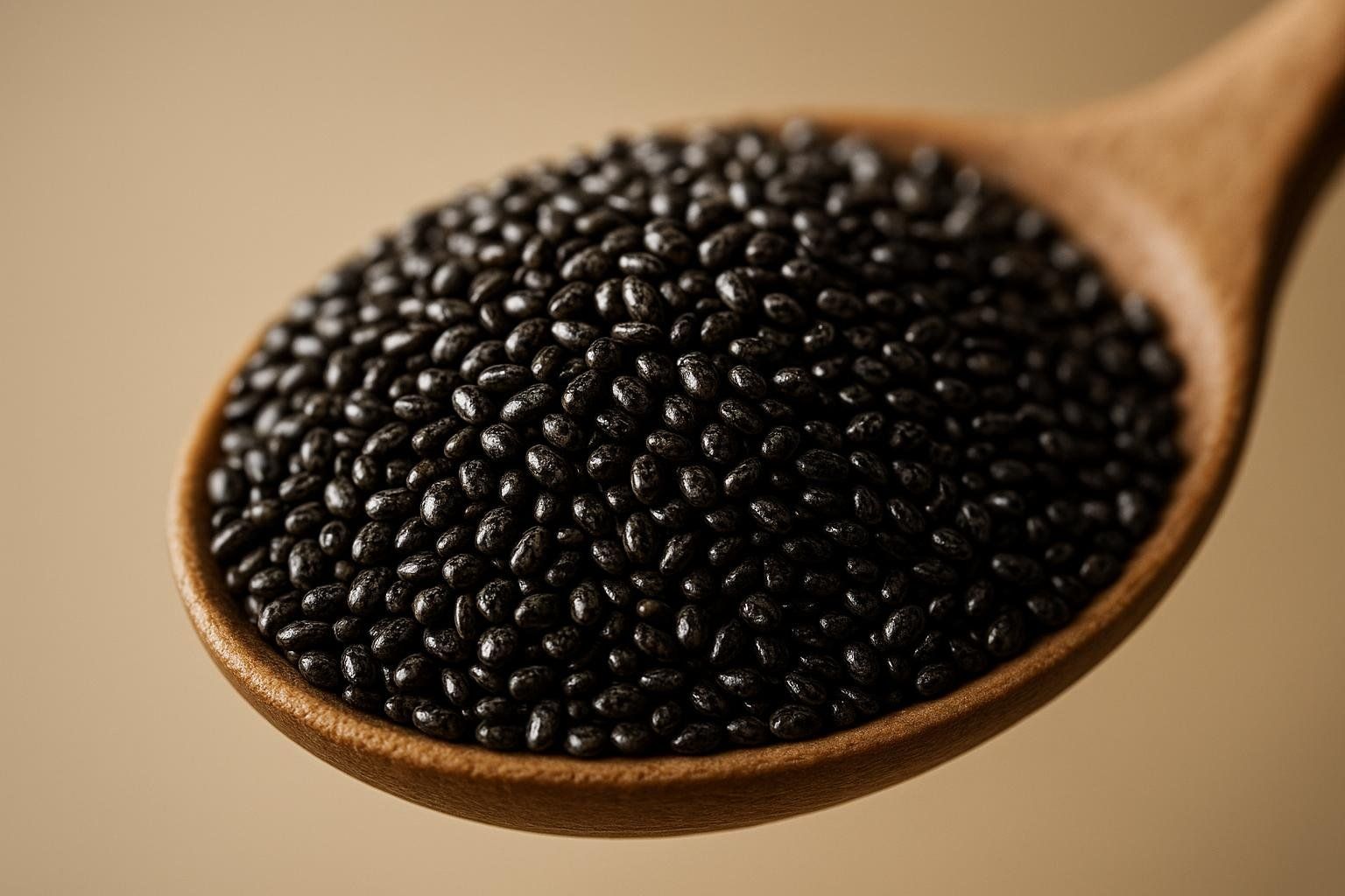 A close-up shot of a wooden spoon full of black chia seeds, highlighting their texture and small size.