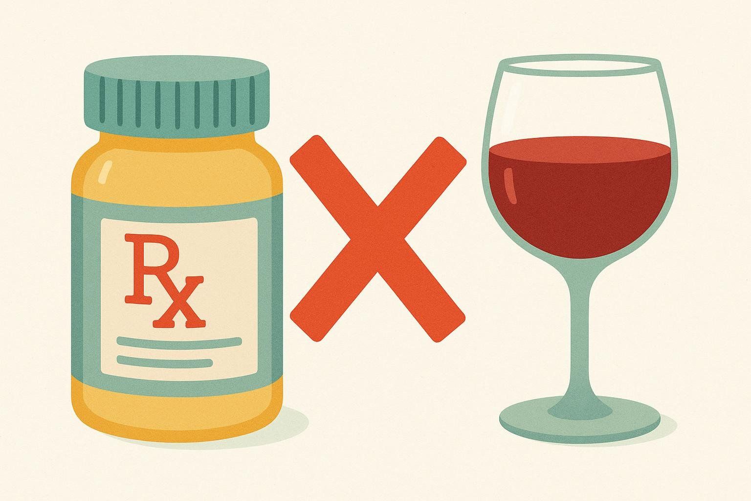 An illustration showing a yellow prescription pill bottle with a red 'Rx' symbol next to a glass of red wine, both crossed out by a large red 'X', indicating a warning against mixing medication and alcohol.