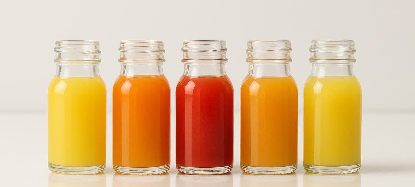 A clean line of five small glass bottles filled with colorful immunity shots in shades of yellow, orange, and red.