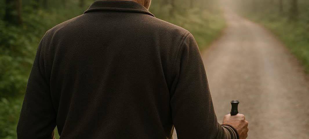 View from behind a man as he Nordic walks down a tranquil forest path in the early morning light.