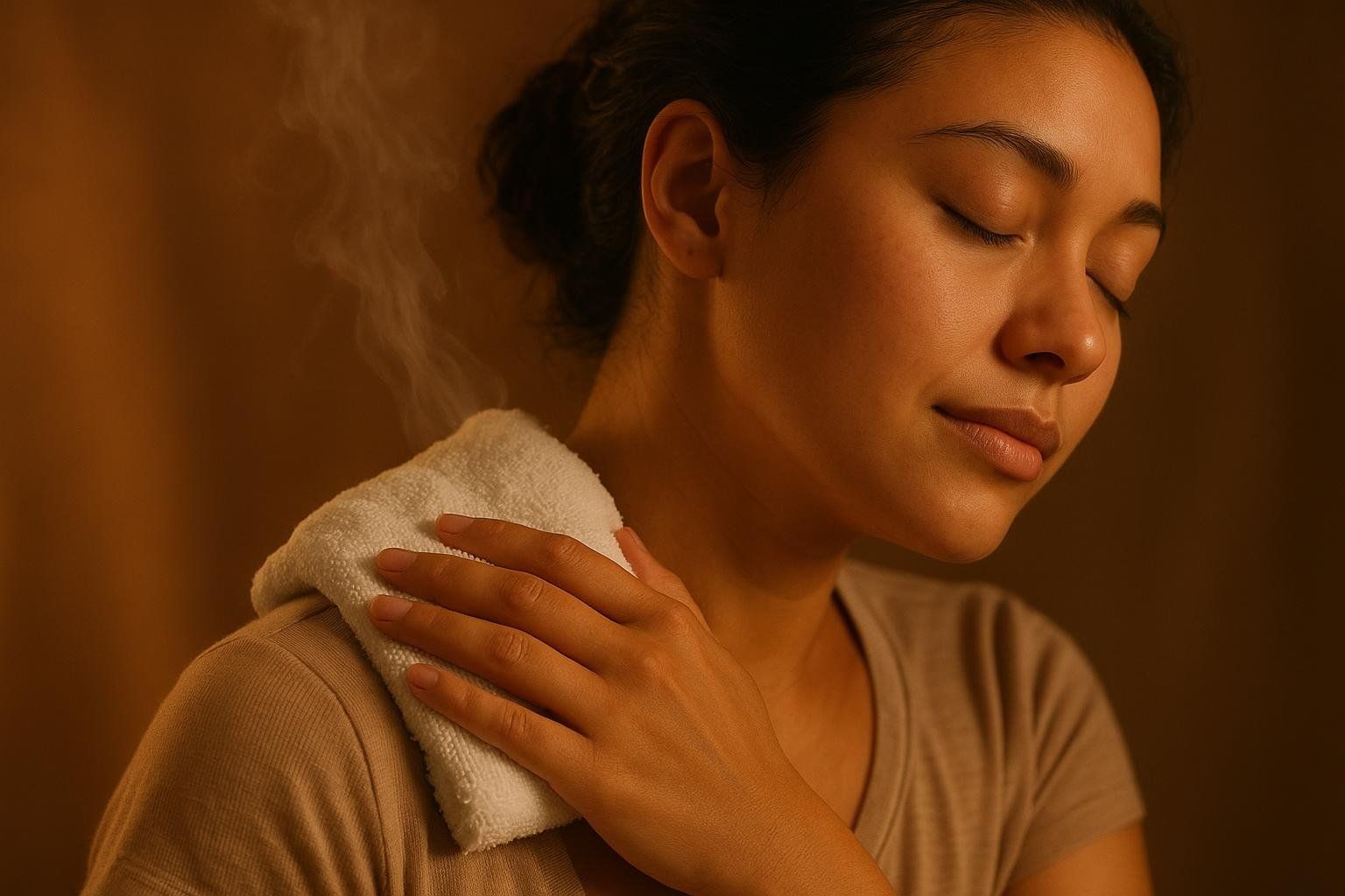 A woman with her eyes closed, looking relaxed, applies a white steaming warm compress to her shoulder for muscle relief.