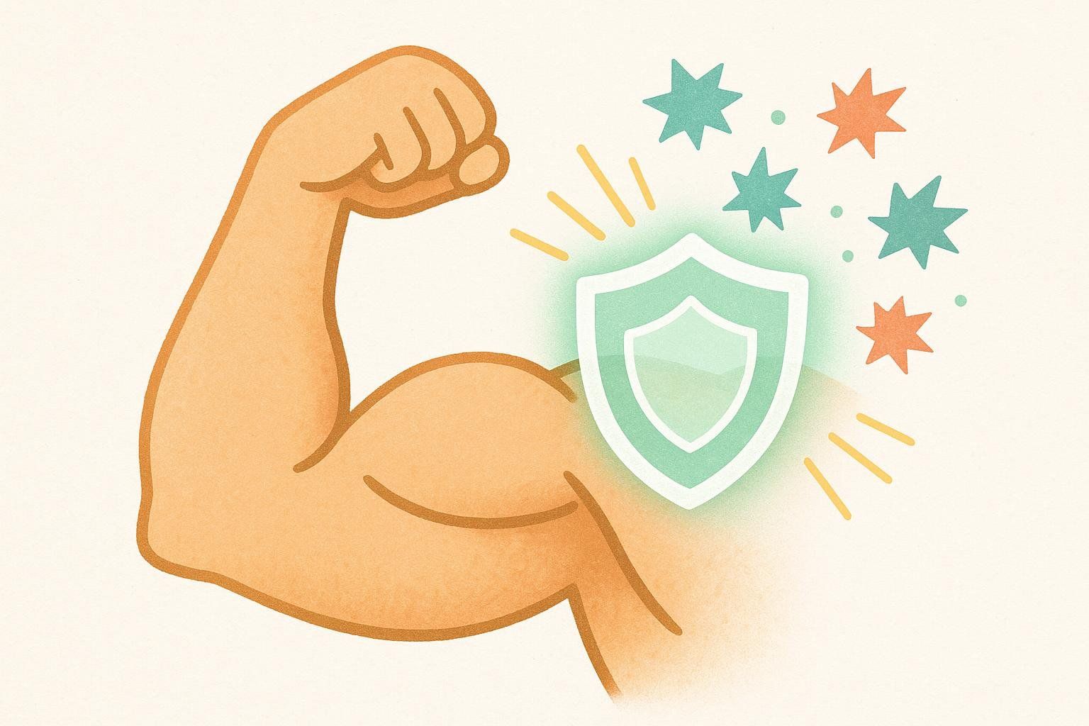 A stylized illustration of a flexed arm with a green shield protecting it, surrounded by stars and light rays, symbolizing protection and strength.