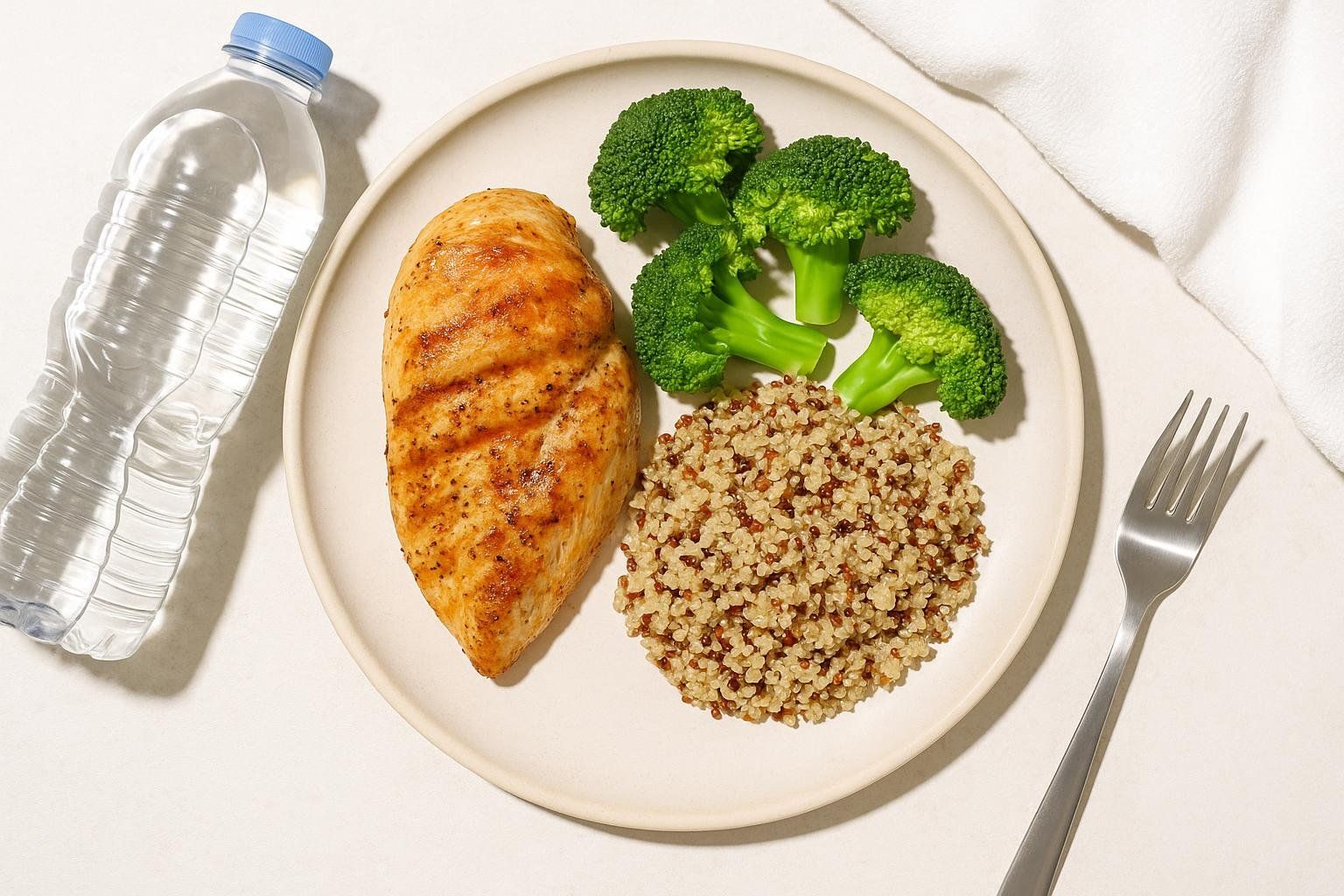 A healthy meal with a grilled chicken breast, a serving of quinoa, and several florets of broccoli on a light-colored plate, accompanied by a bottle of water and a fork.