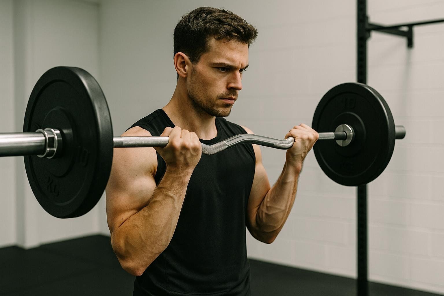A man in a black tank top performs an EZ bar curl in a gym to build bicep strength.